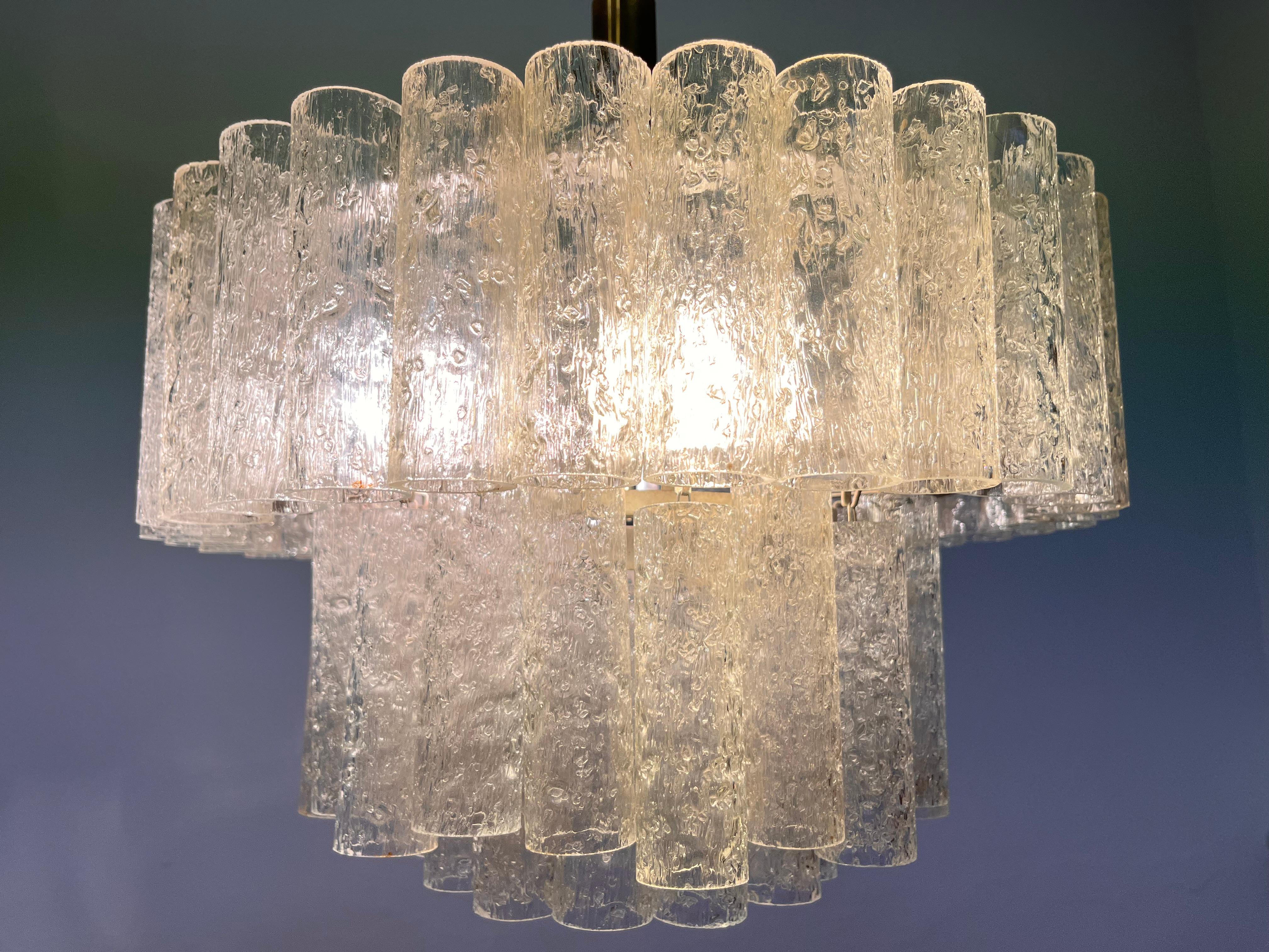 Brass XL Design Midcentury Glass Chandelier by Doria, 1960s / Germany For Sale