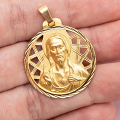 XL Double sided charm, Vintage 18 karat solid gold Catholic pendant - Holy Jesus