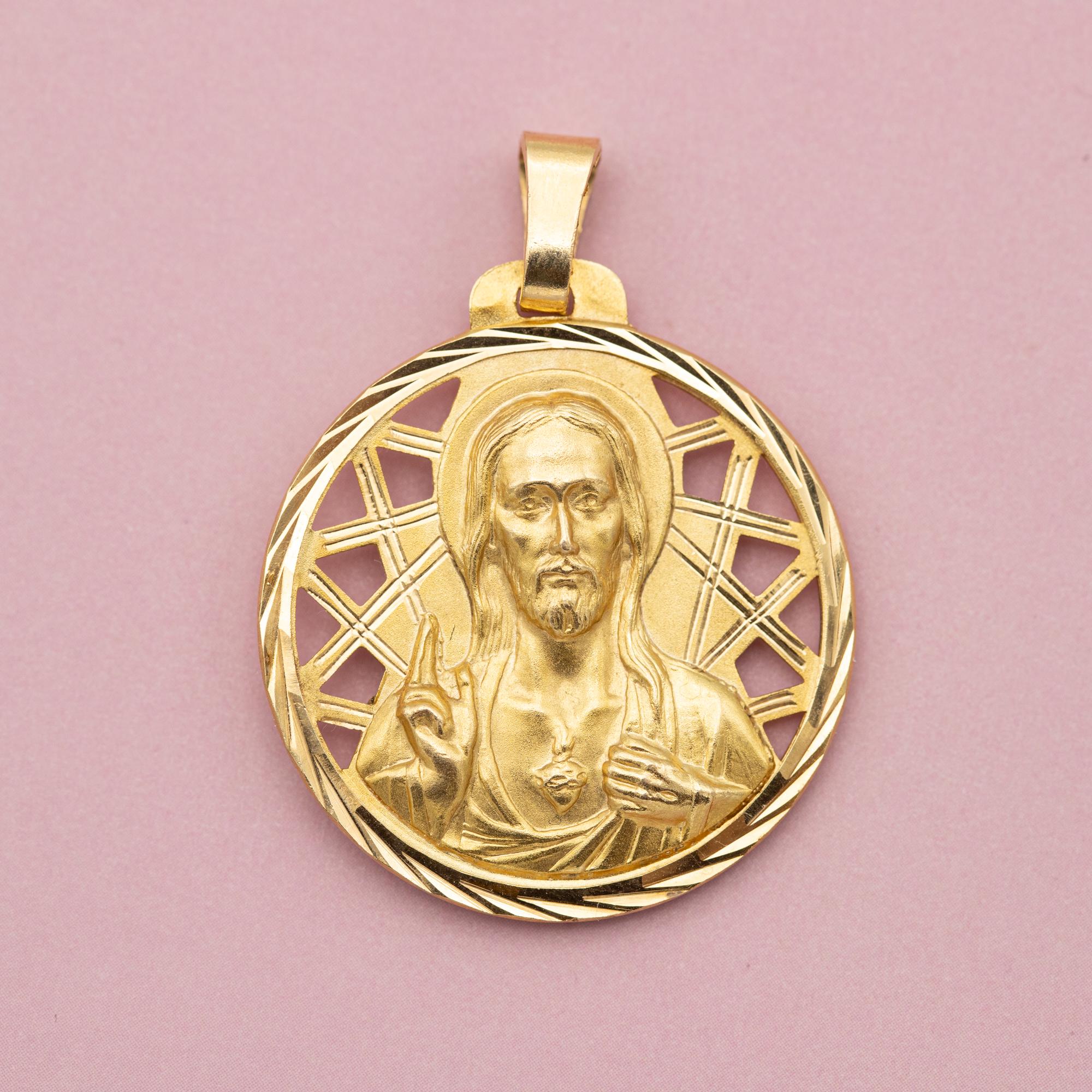 XL Double sided charm, Vintage 18 karat solid gold Catholic pendant ...