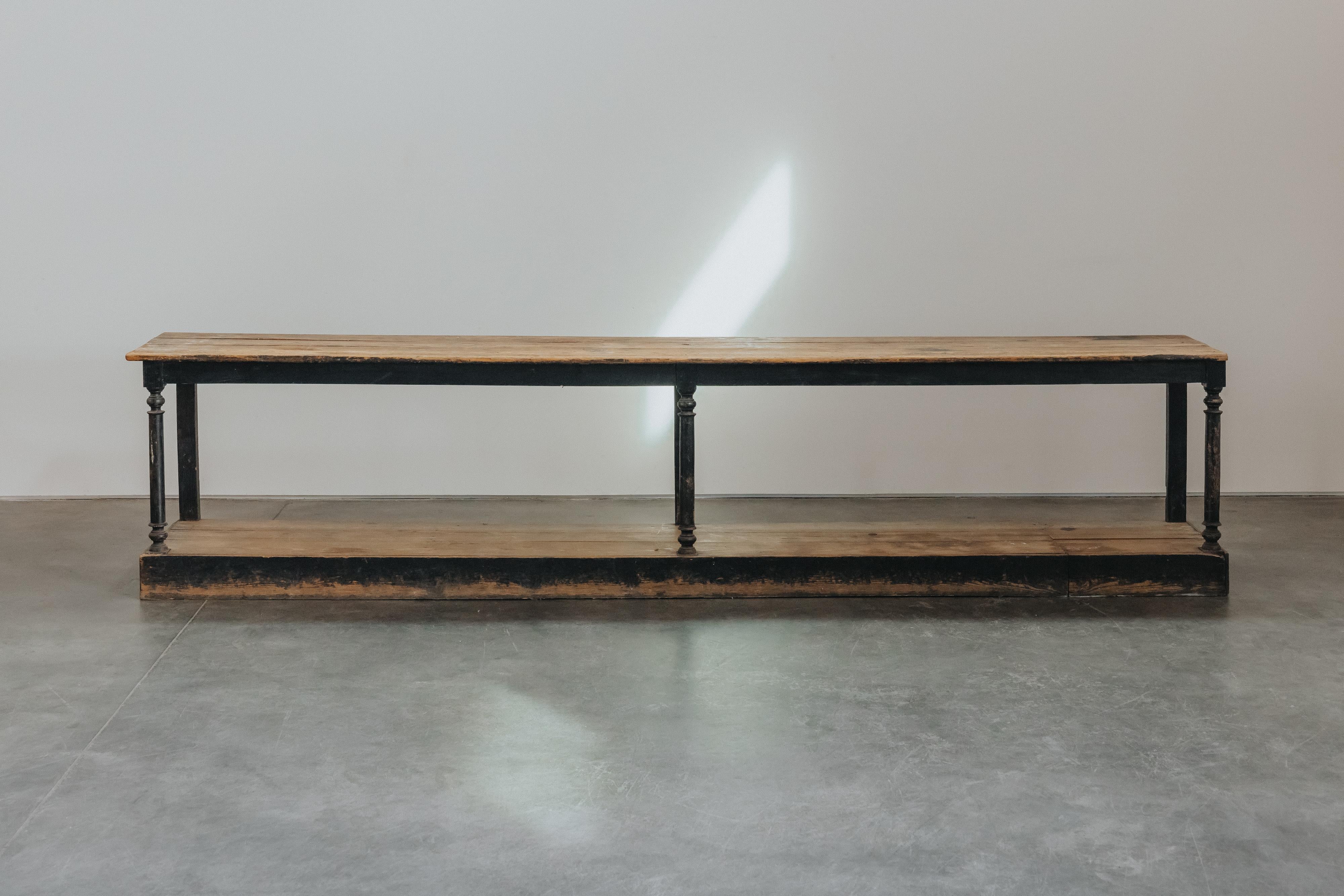 XL Draper Table From France, Circa 1900.  Large model in solid pine with original black paint.  Fantastic original patina and wear.