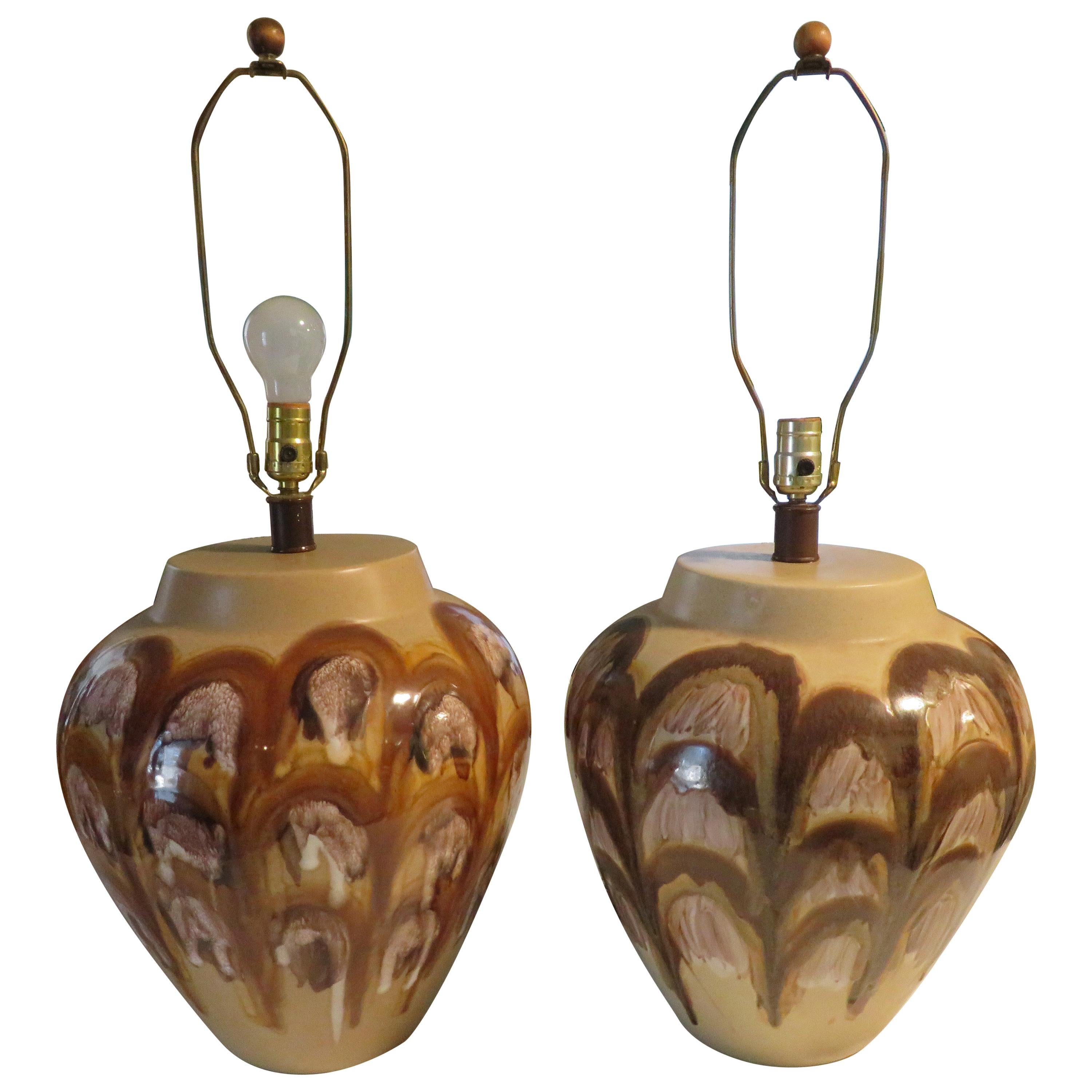 XL Fat Drip Glaze Brown Abstract Design Pottery Lamps Mid-Century Modern, Pair