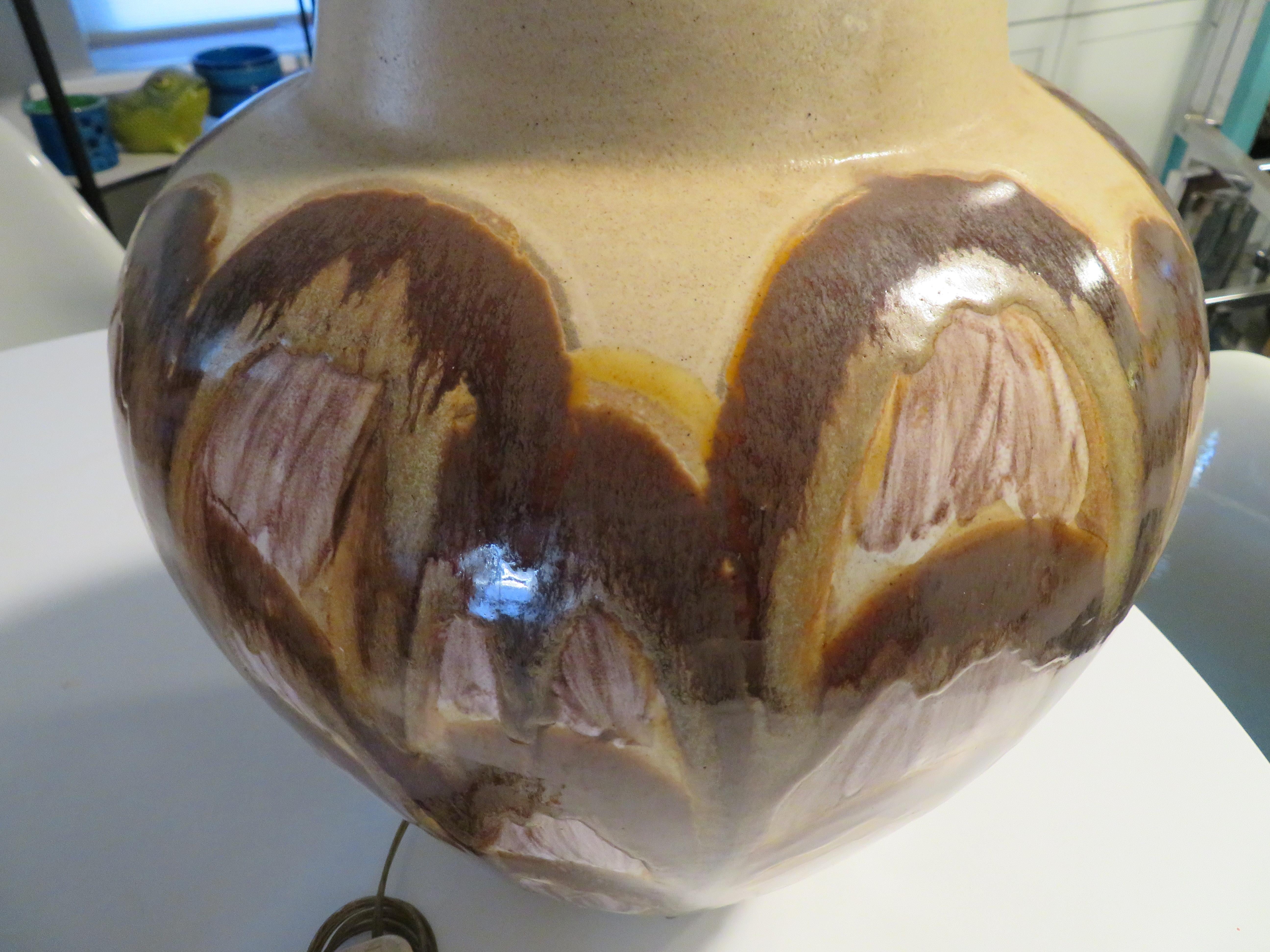 XL Fat Drip Glaze Brown Abstract Design Pottery Lamps Mid-Century Modern, Pair 1