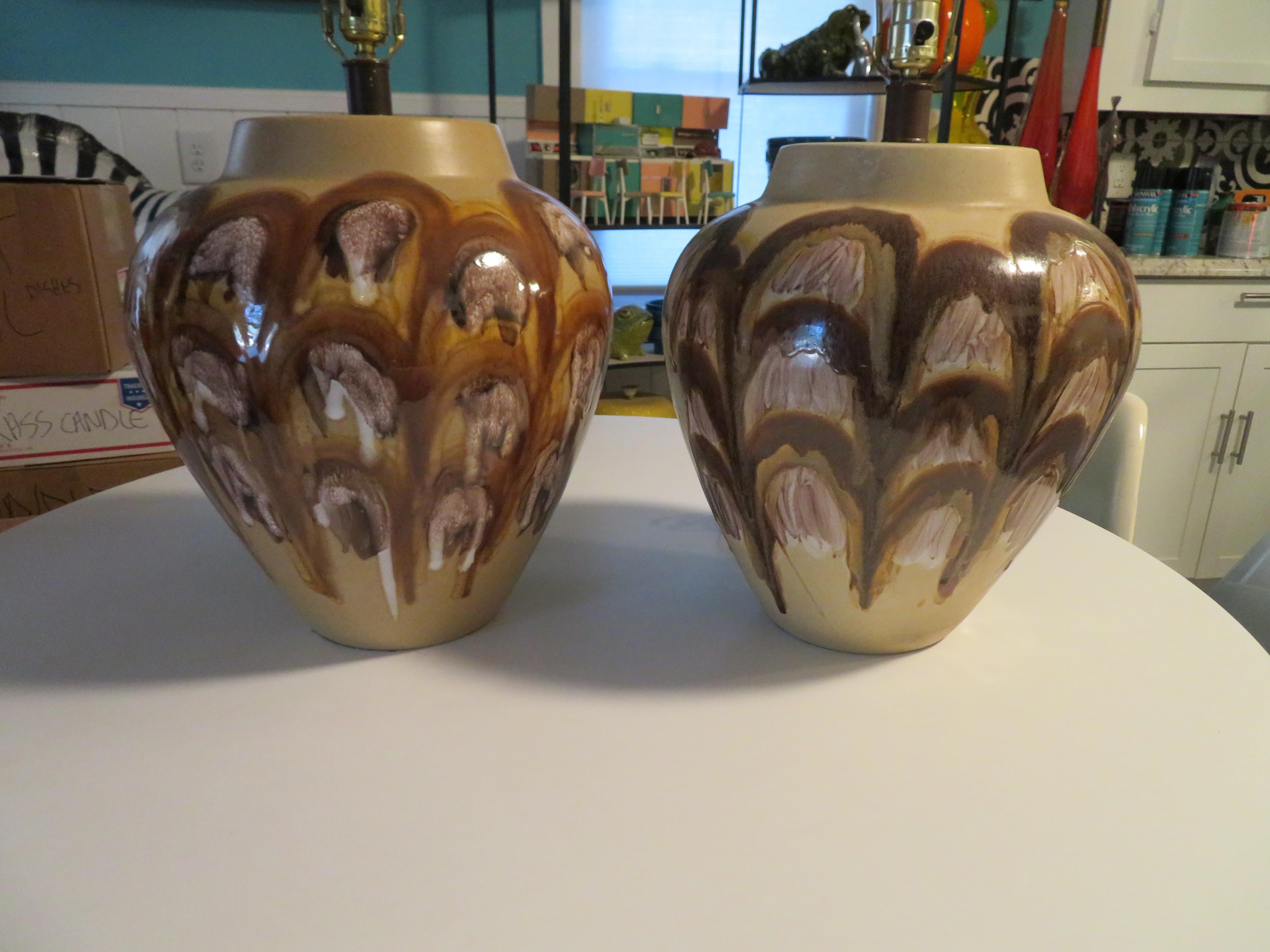 XL Fat Drip Glaze Brown Abstract Design Pottery Lamps Mid-Century Modern, Pair 2