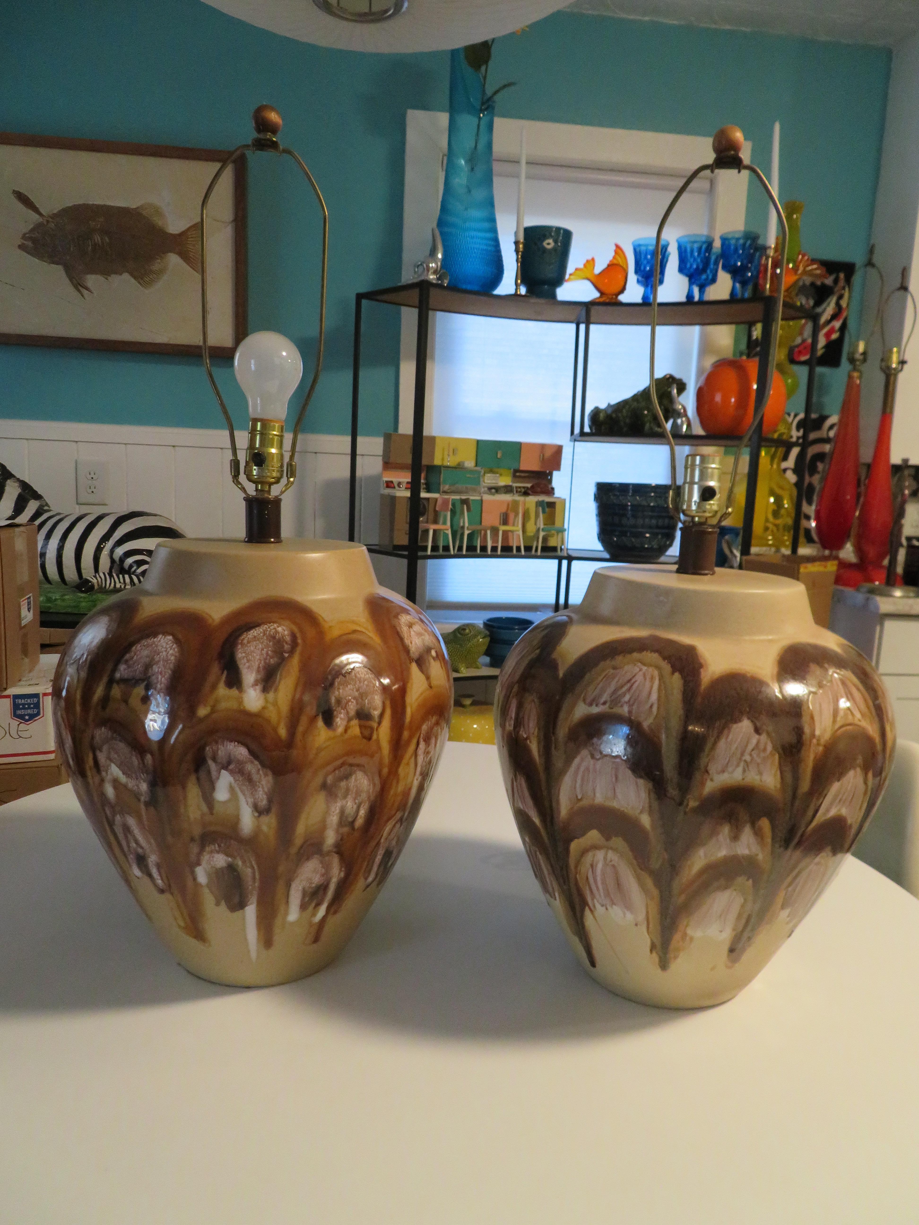 XL Fat Drip Glaze Brown Abstract Design Pottery Lamps Mid-Century Modern, Pair 3