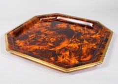 XL Faux Tortoise Lucite Tray with Brass Edges in Manner of Maison Jansen