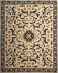 XL Floral European Portuguese Needlepoint Embroidered Arraiolos Rug Cream & Blue