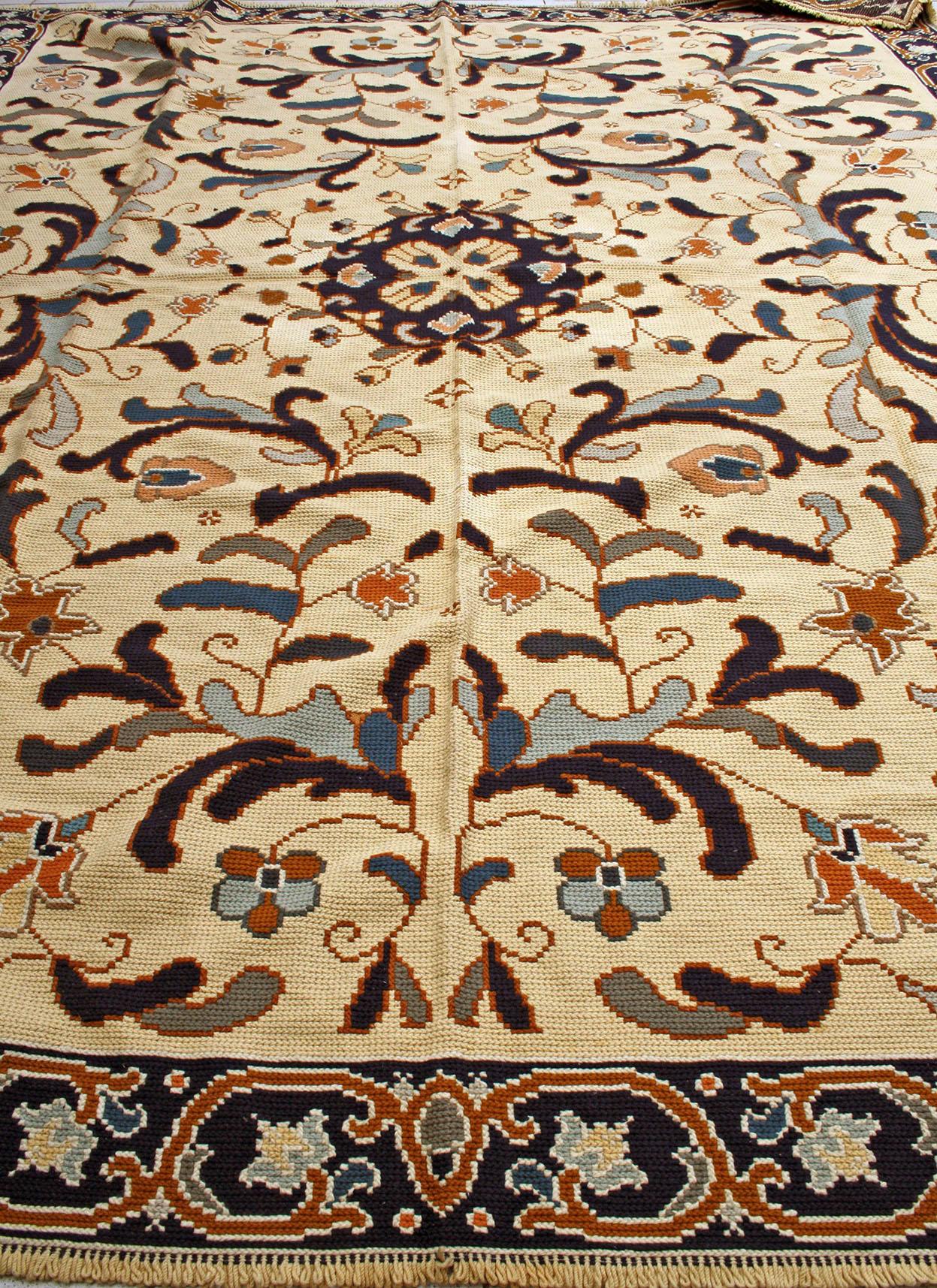 20th Century XL Floral European Portuguese Needlepoint Embroidered Arraiolos Rug Cream & Blue For Sale