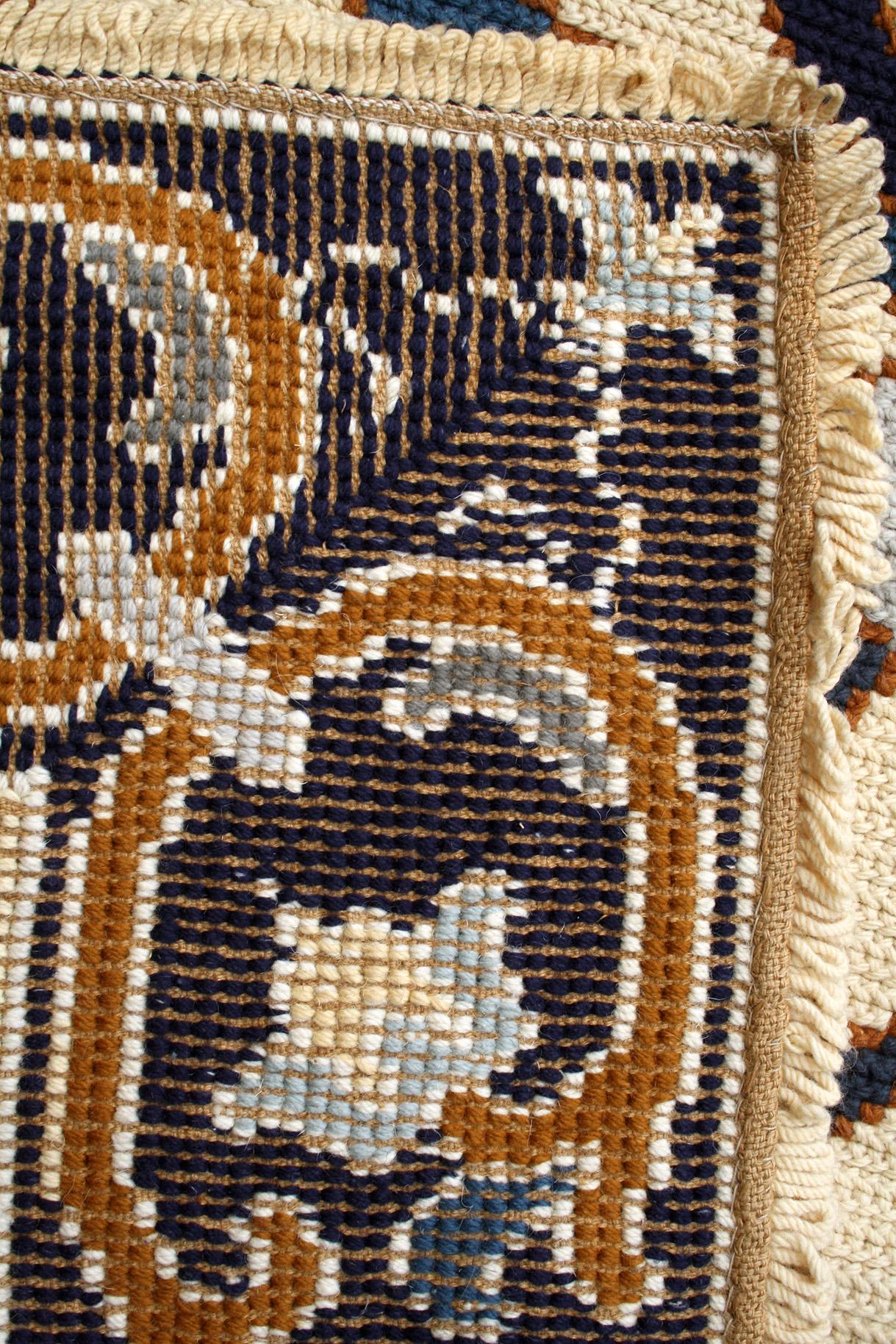 XL Floral European Portuguese Needlepoint Embroidered Arraiolos Rug Cream & Blue For Sale 2