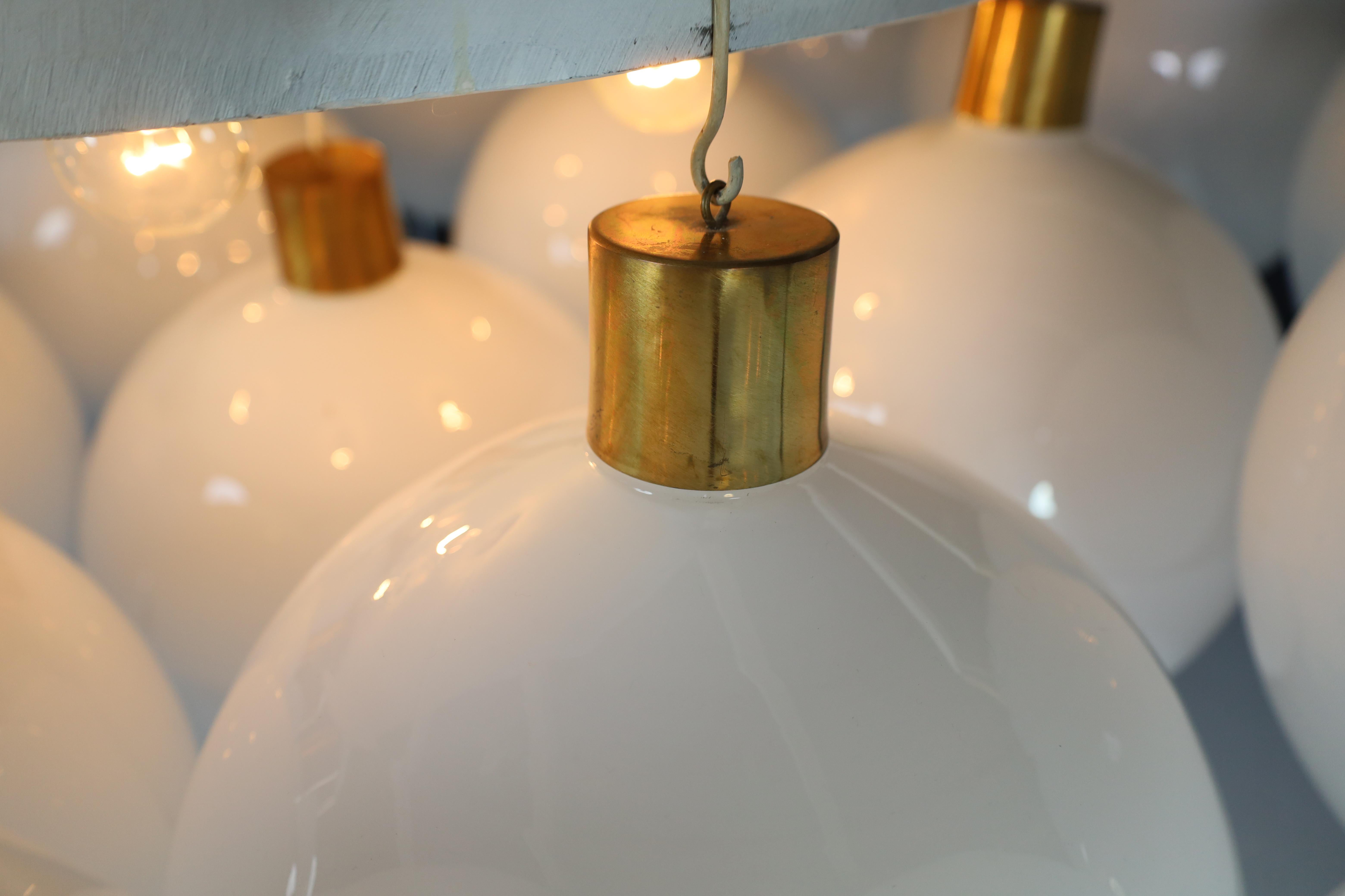 XL Flush Mount / Chandelier with Frosted Globes and Brass, Italy, 1960s For Sale 4