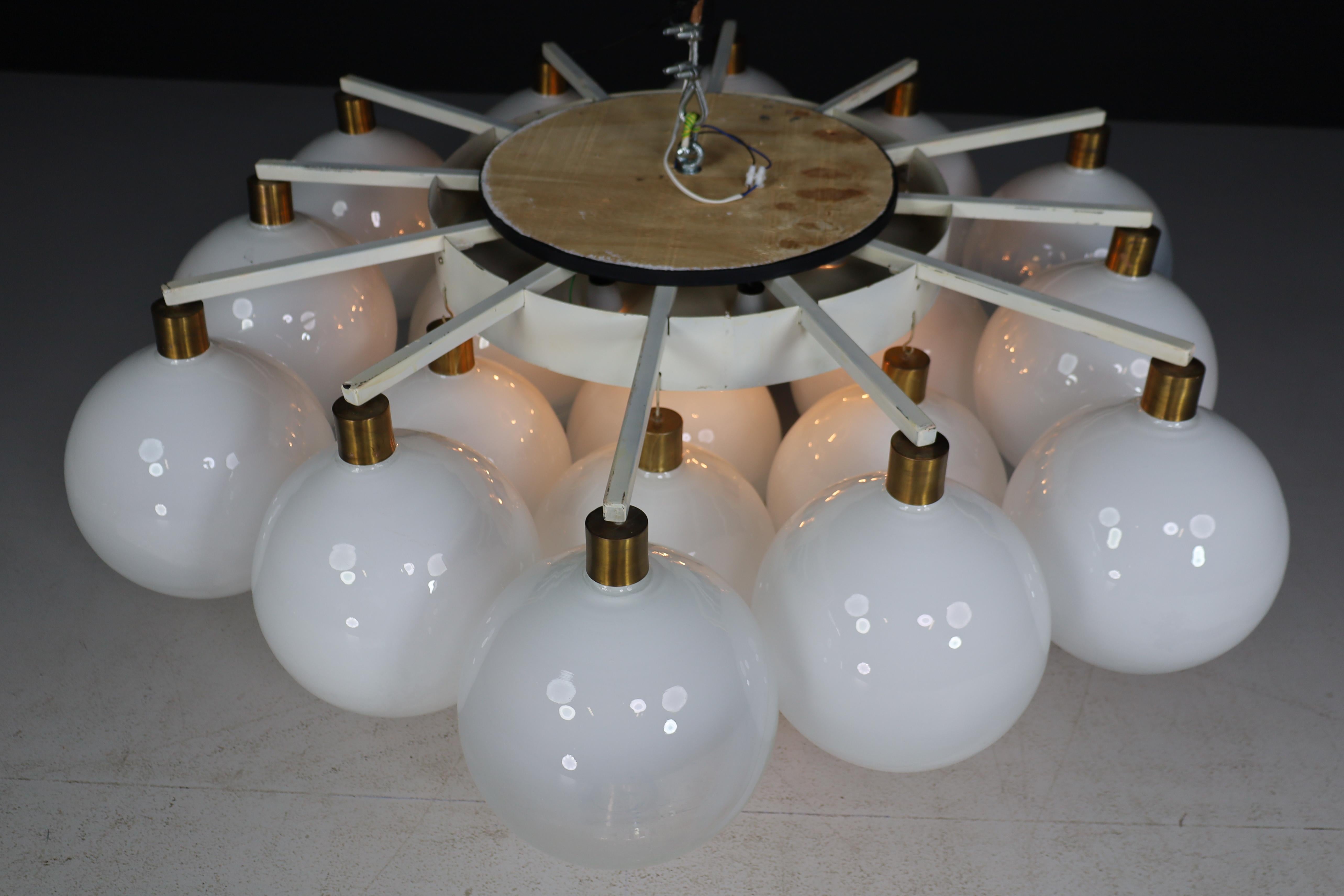 XL Flush Mount / Chandelier with Frosted Globes and Brass, Italy, 1960s For Sale 6