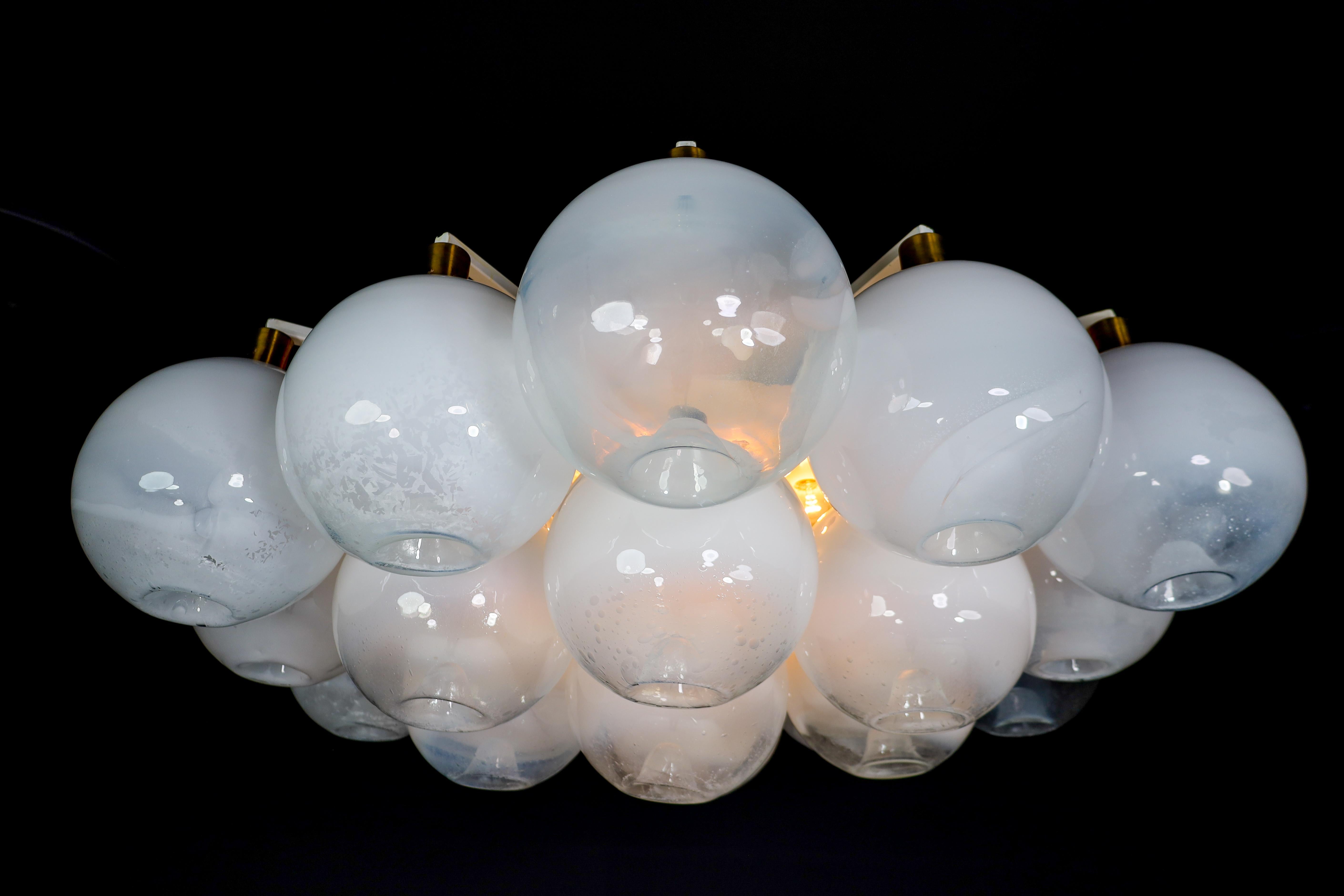 Mid-Century Modern XL Flush Mount / Chandelier with Frosted Globes and Brass, Italy, 1960s For Sale