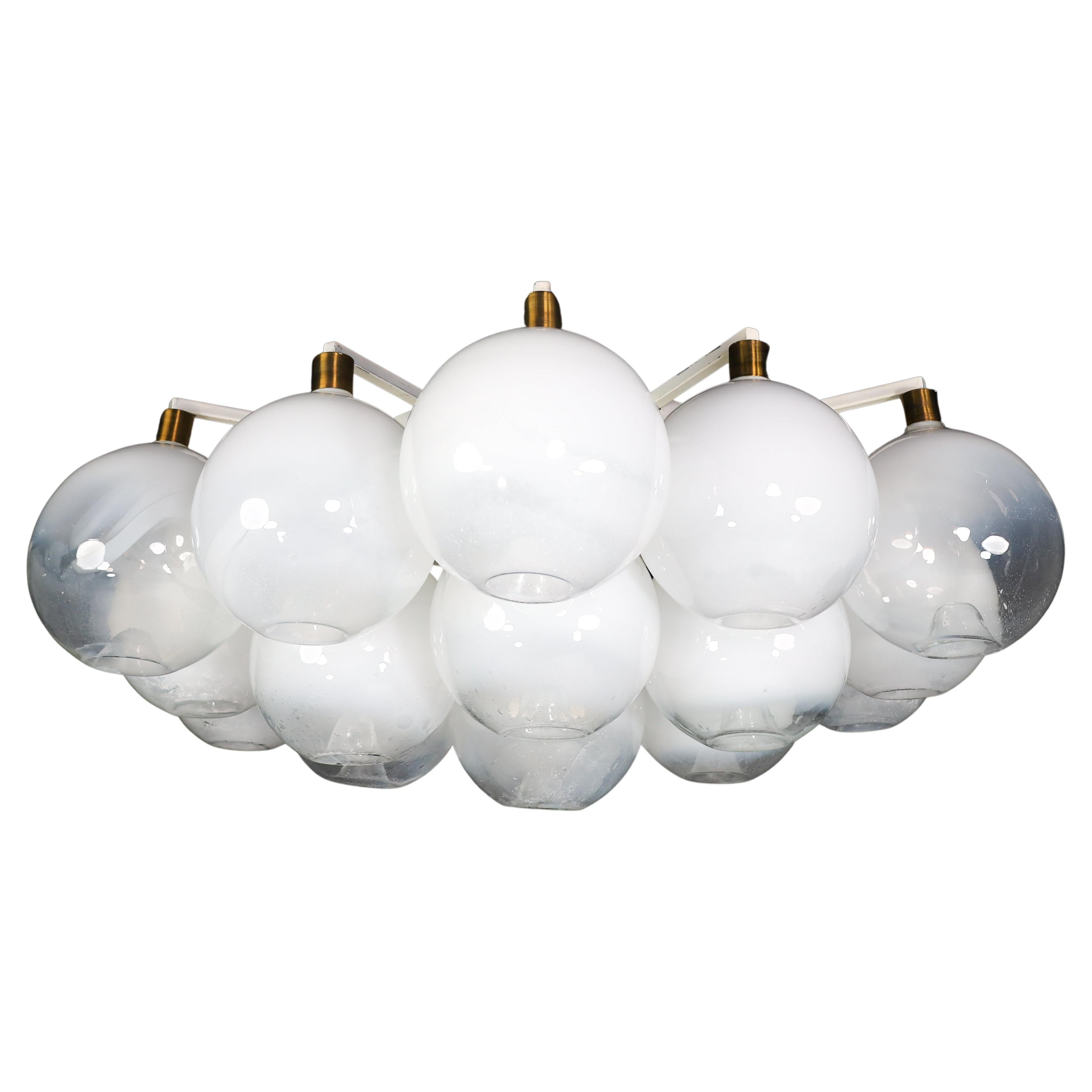 XL Flush Mount / Chandelier with Frosted Globes and Brass, Italy, 1960s