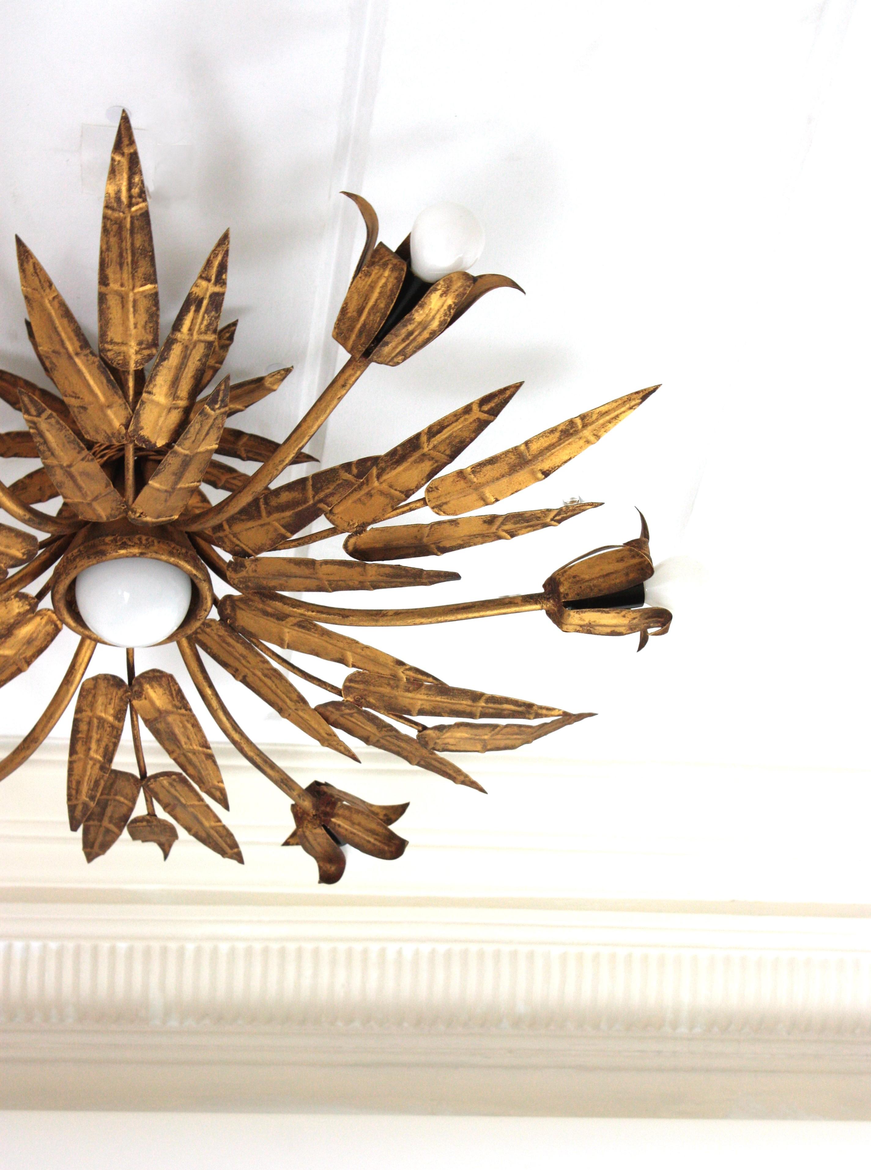 XL Foliage Floral Starburst Chandelier / Light Fixture in Gilt Iron, Spain 1950s For Sale 3