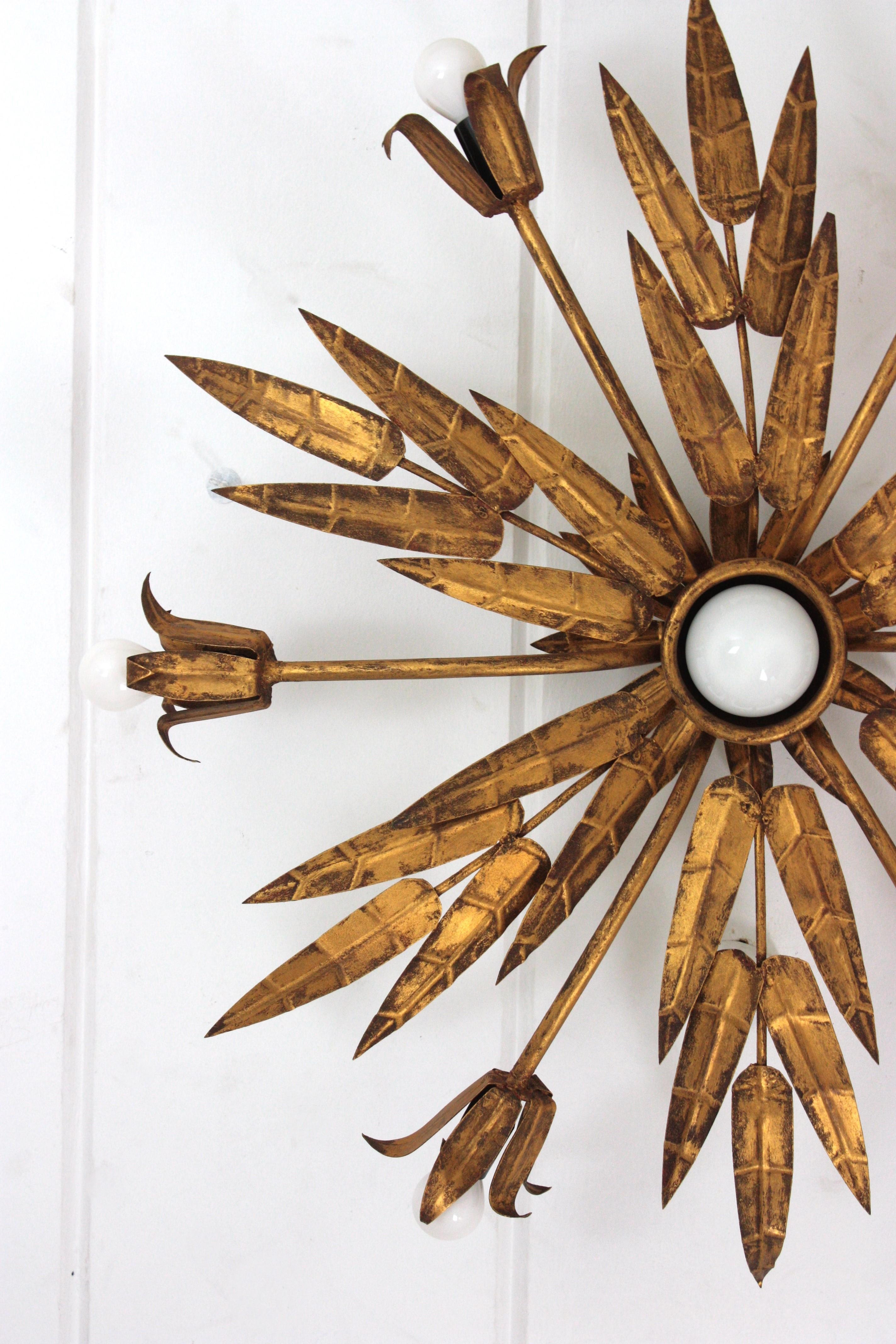 XL Foliage Floral Starburst Chandelier / Light Fixture in Gilt Iron, Spain 1950s For Sale 4