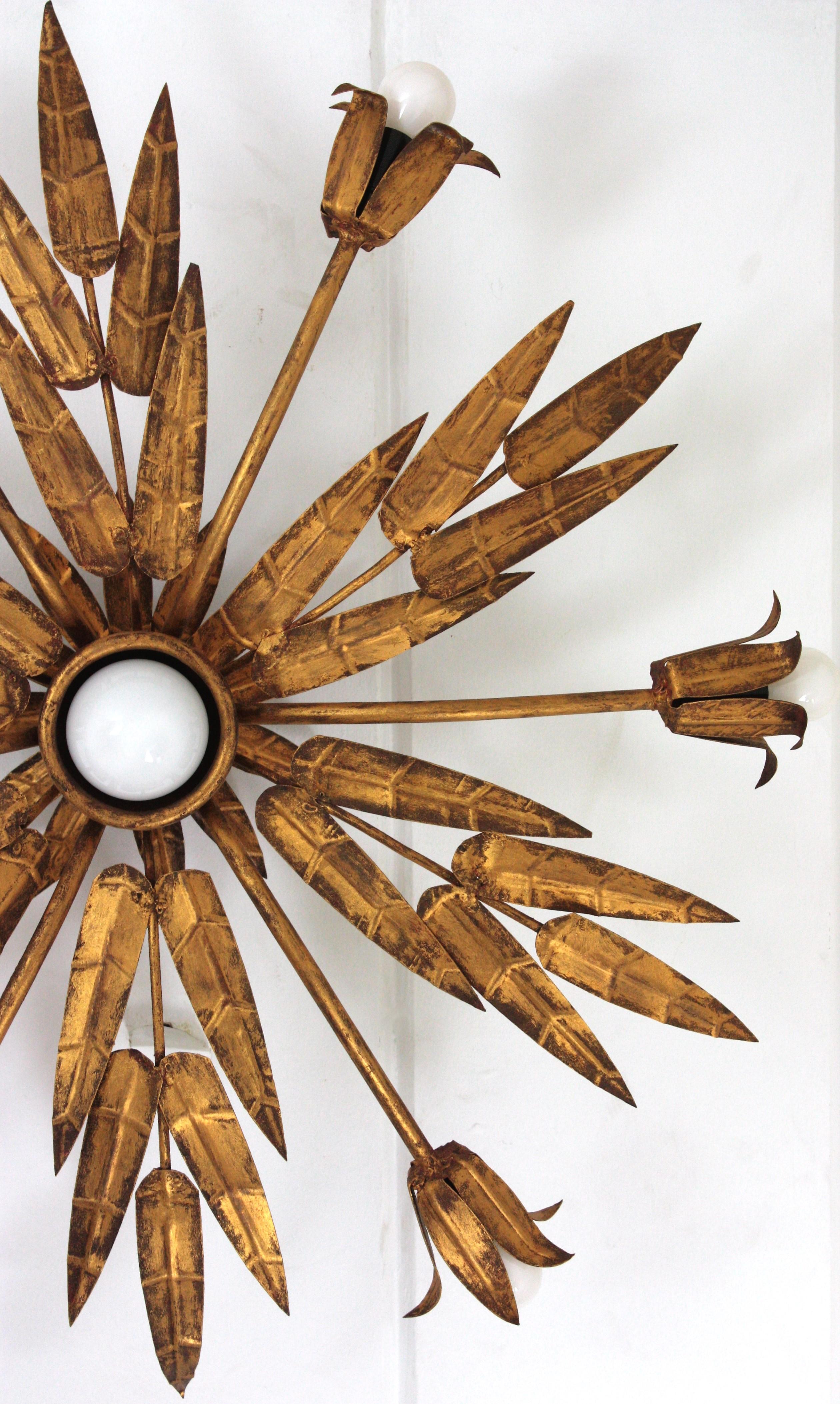 XL Foliage Floral Starburst Chandelier / Light Fixture in Gilt Iron, Spain 1950s For Sale 5