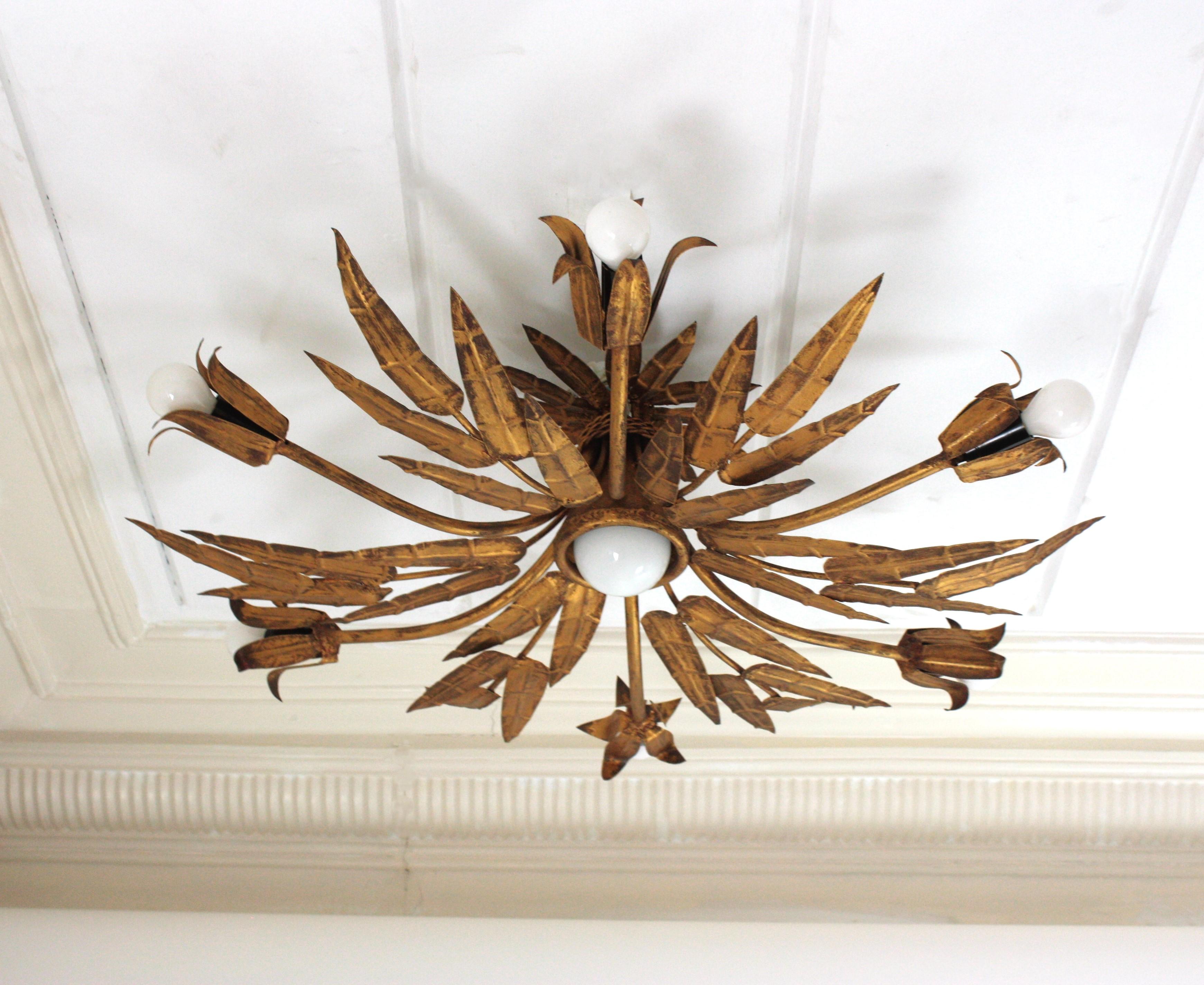 XL Foliage Floral Starburst Chandelier / Light Fixture in Gilt Iron, Spain 1950s For Sale 7