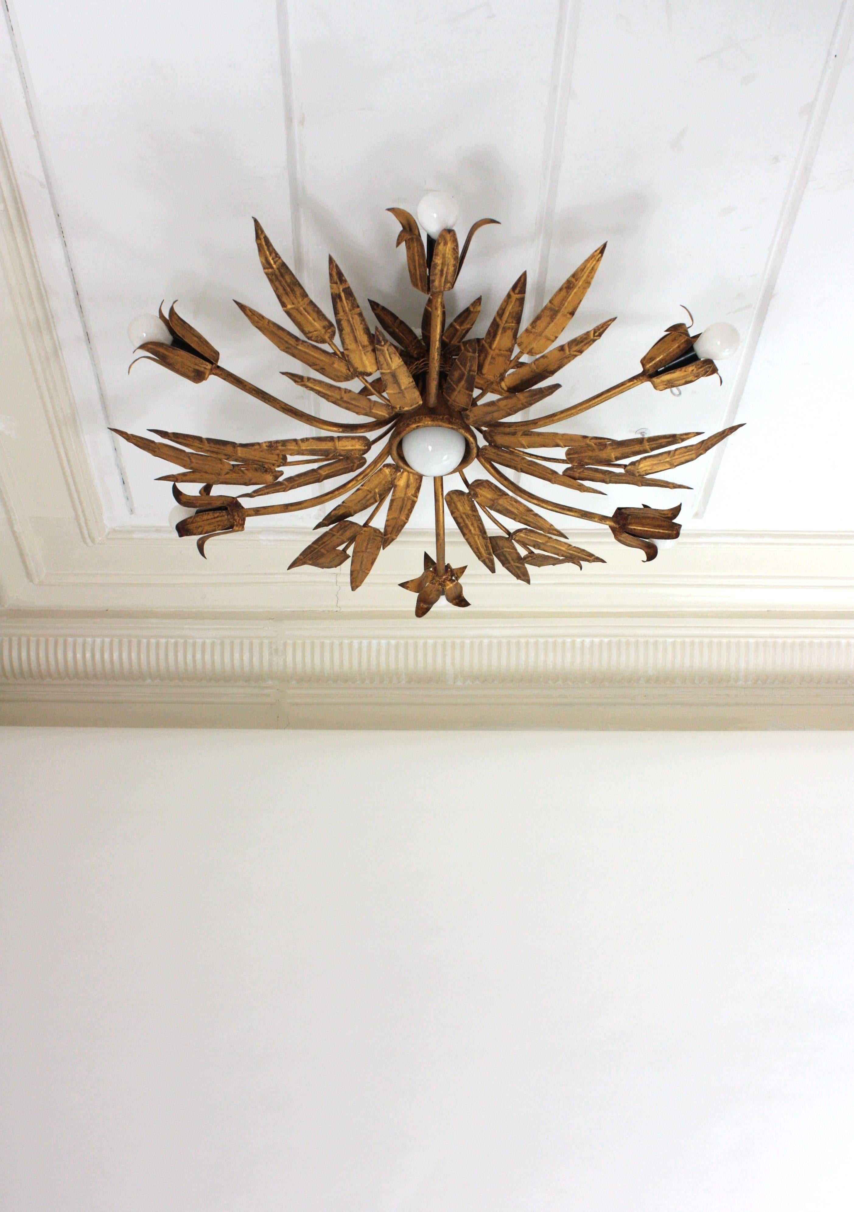 XL Foliage Floral Starburst Chandelier / Light Fixture in Gilt Iron, Spain 1950s For Sale 8