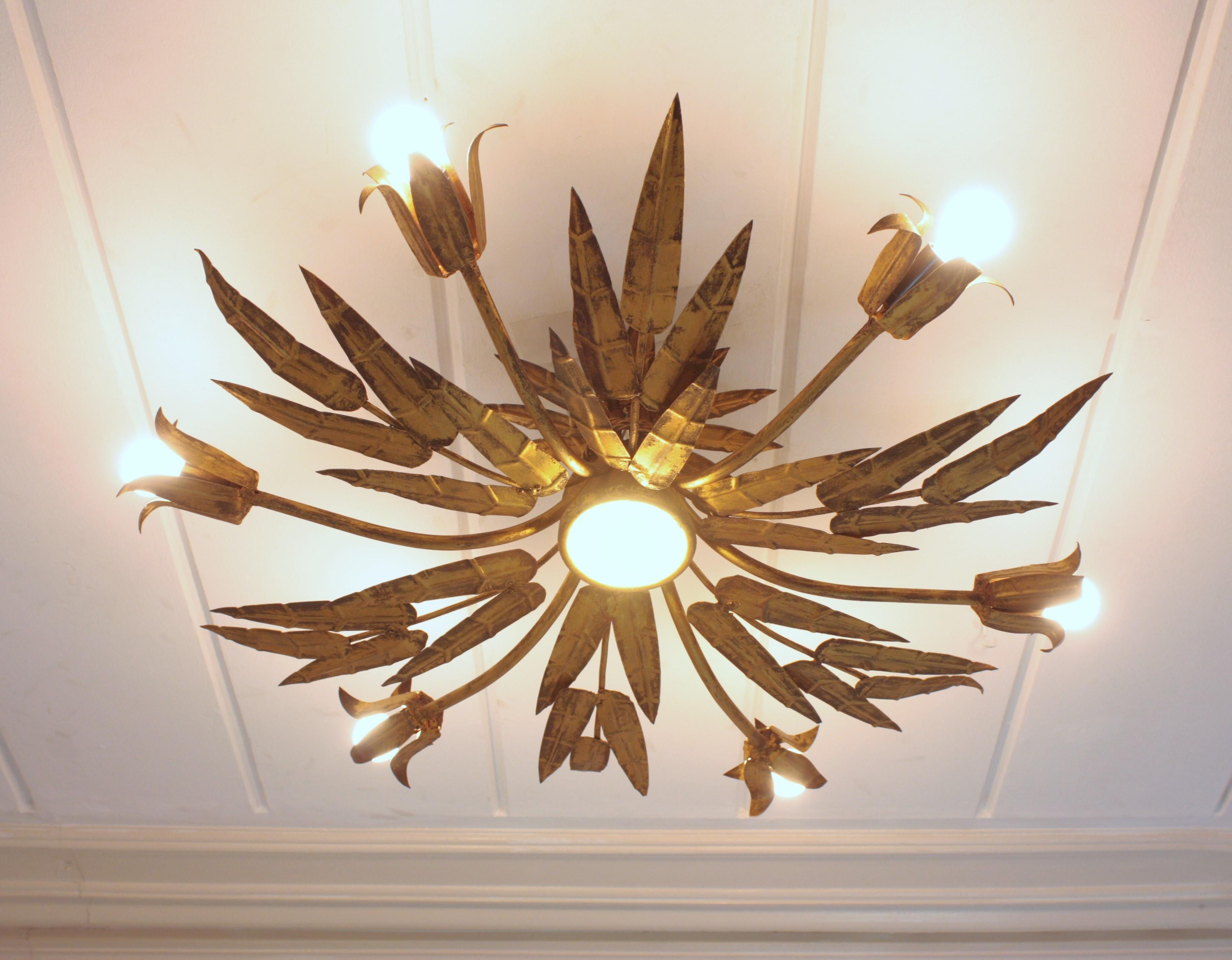 XL Foliage Floral Starburst Chandelier / Light Fixture in Gilt Iron, Spain 1950s For Sale 9