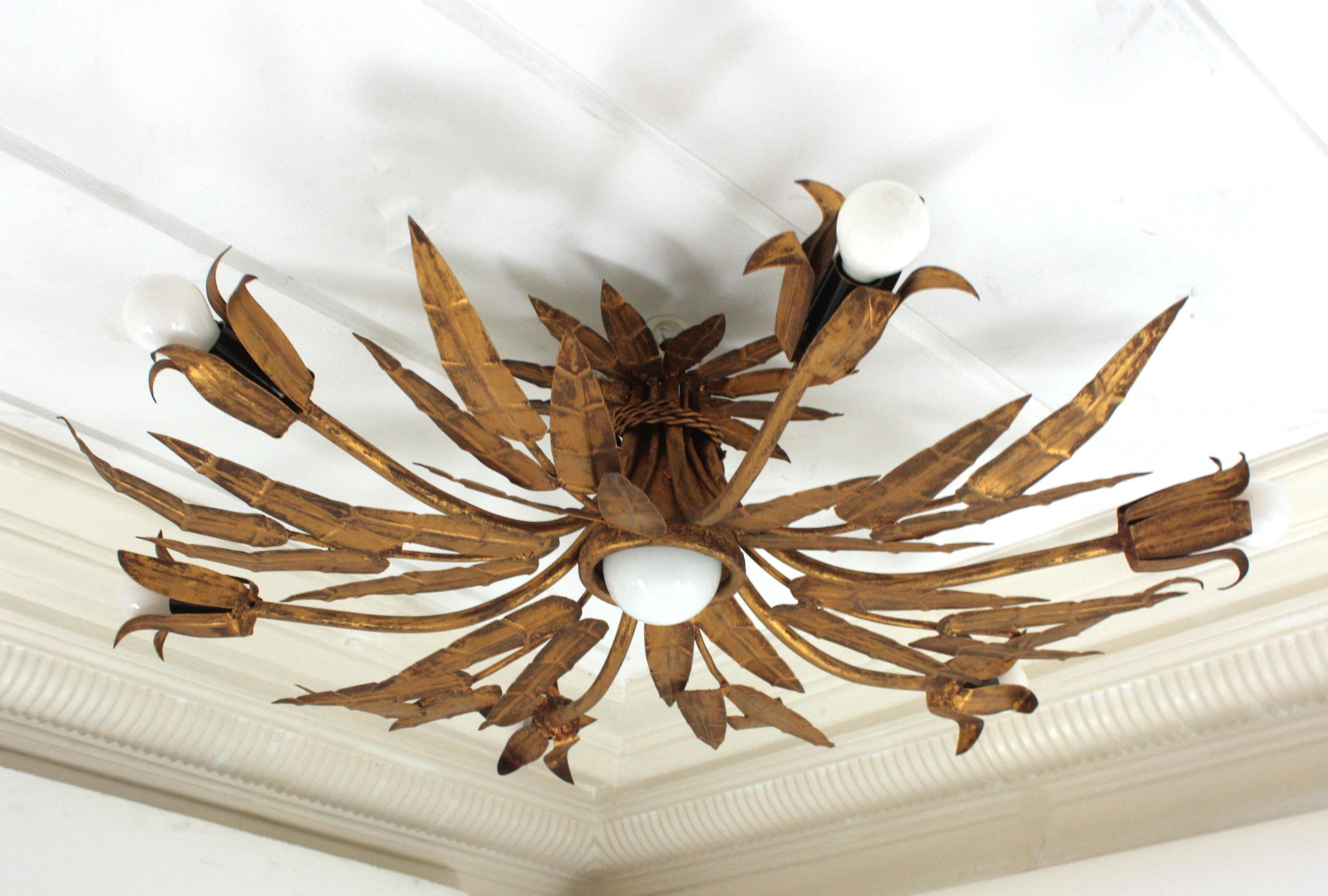 XL Foliage Floral Starburst Chandelier / Light Fixture in Gilt Iron, Spain 1950s For Sale 10