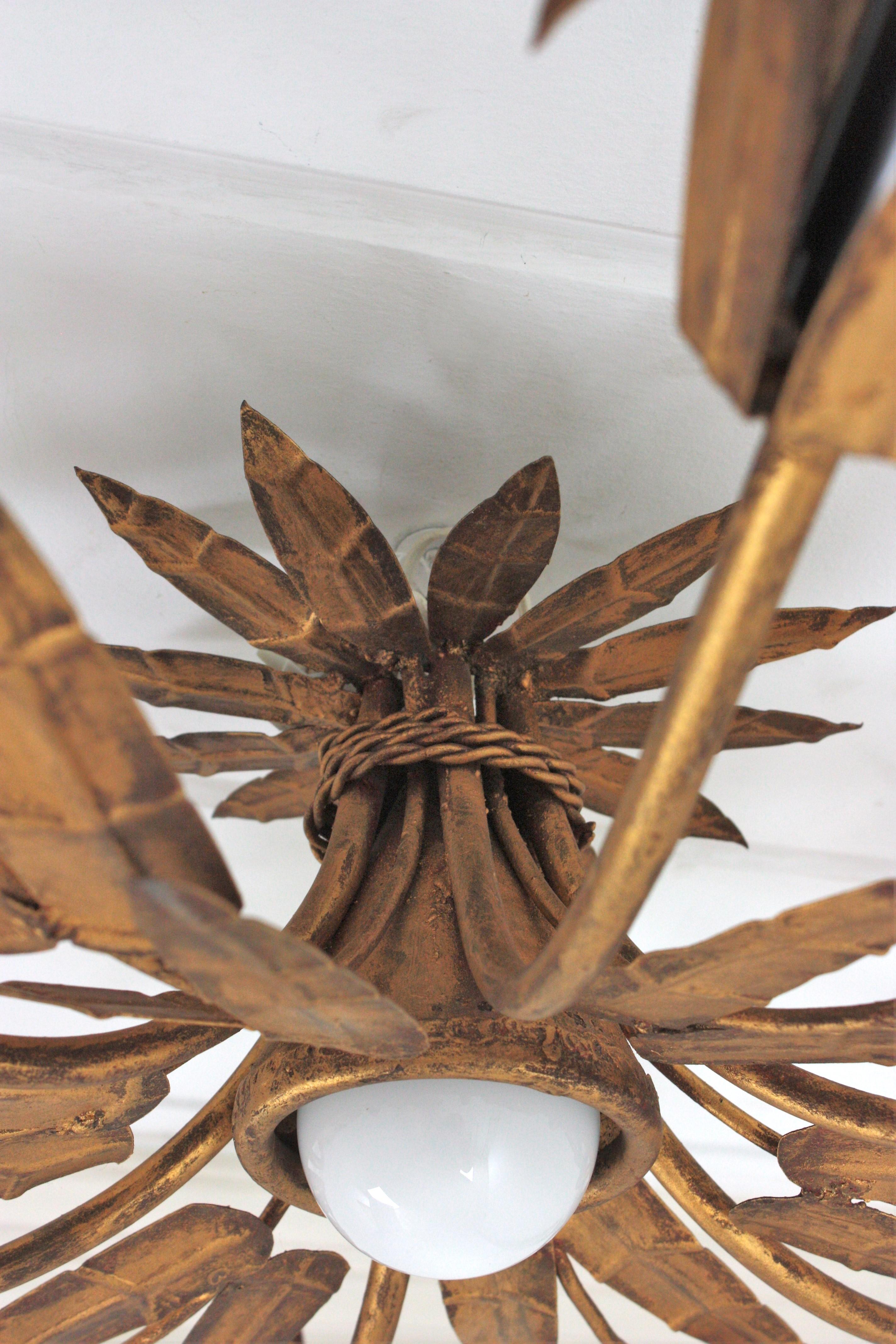 XL Foliage Floral Starburst Chandelier / Light Fixture in Gilt Iron, Spain 1950s For Sale 11