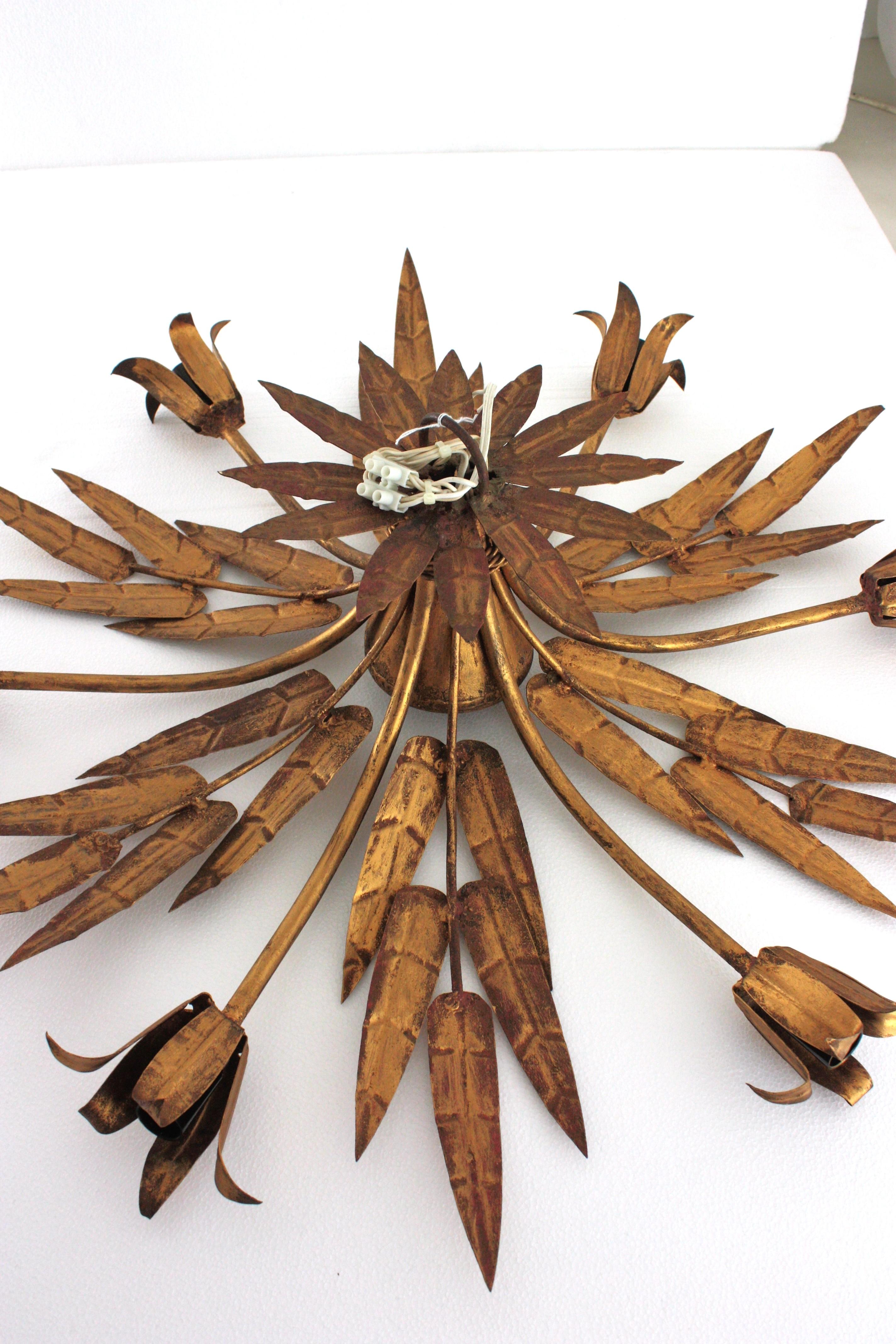 XL Foliage Floral Starburst Chandelier / Light Fixture in Gilt Iron, Spain 1950s For Sale 12