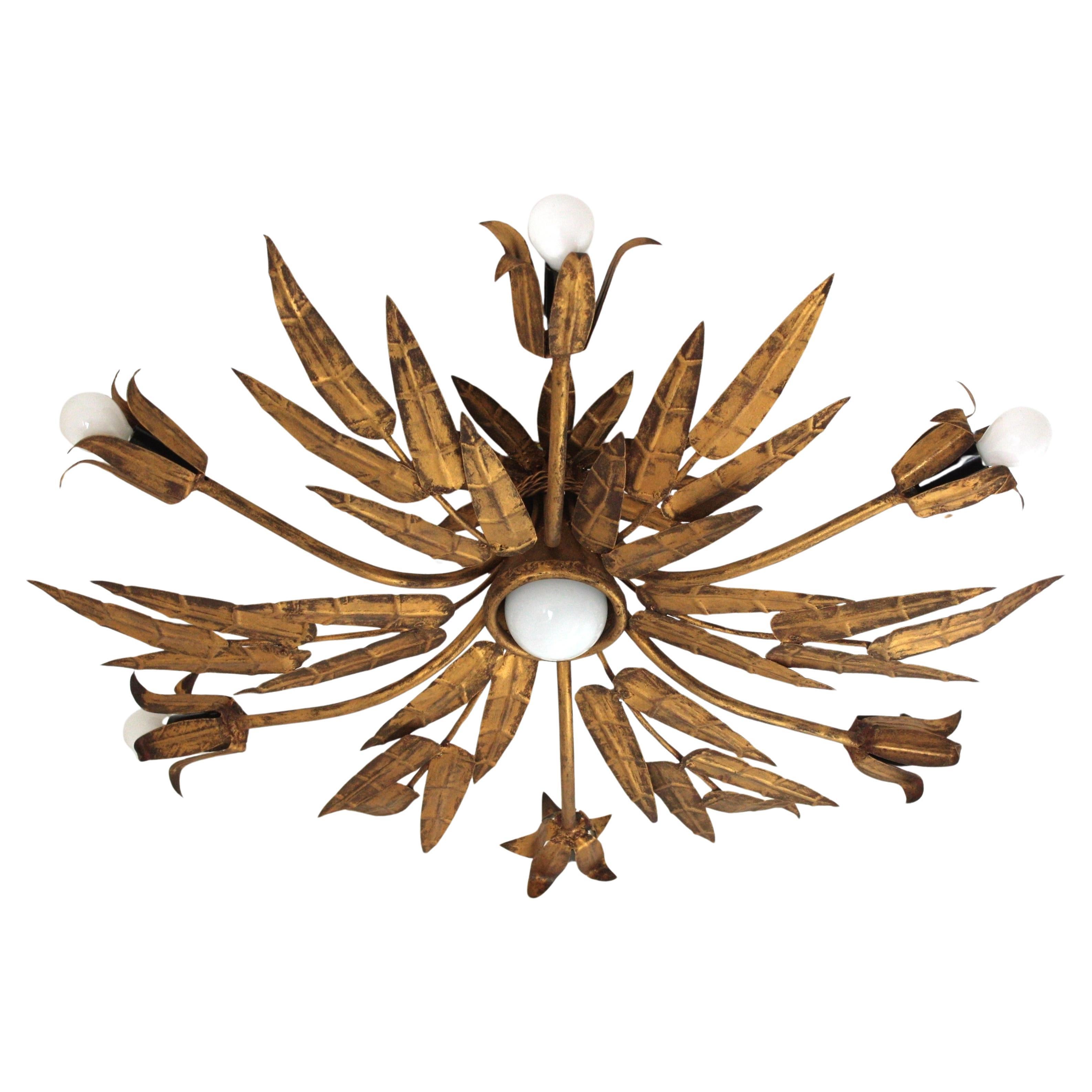 XL Foliage Floral Starburst Chandelier / Light Fixture in Gilt Iron, Spain 1950s For Sale 13