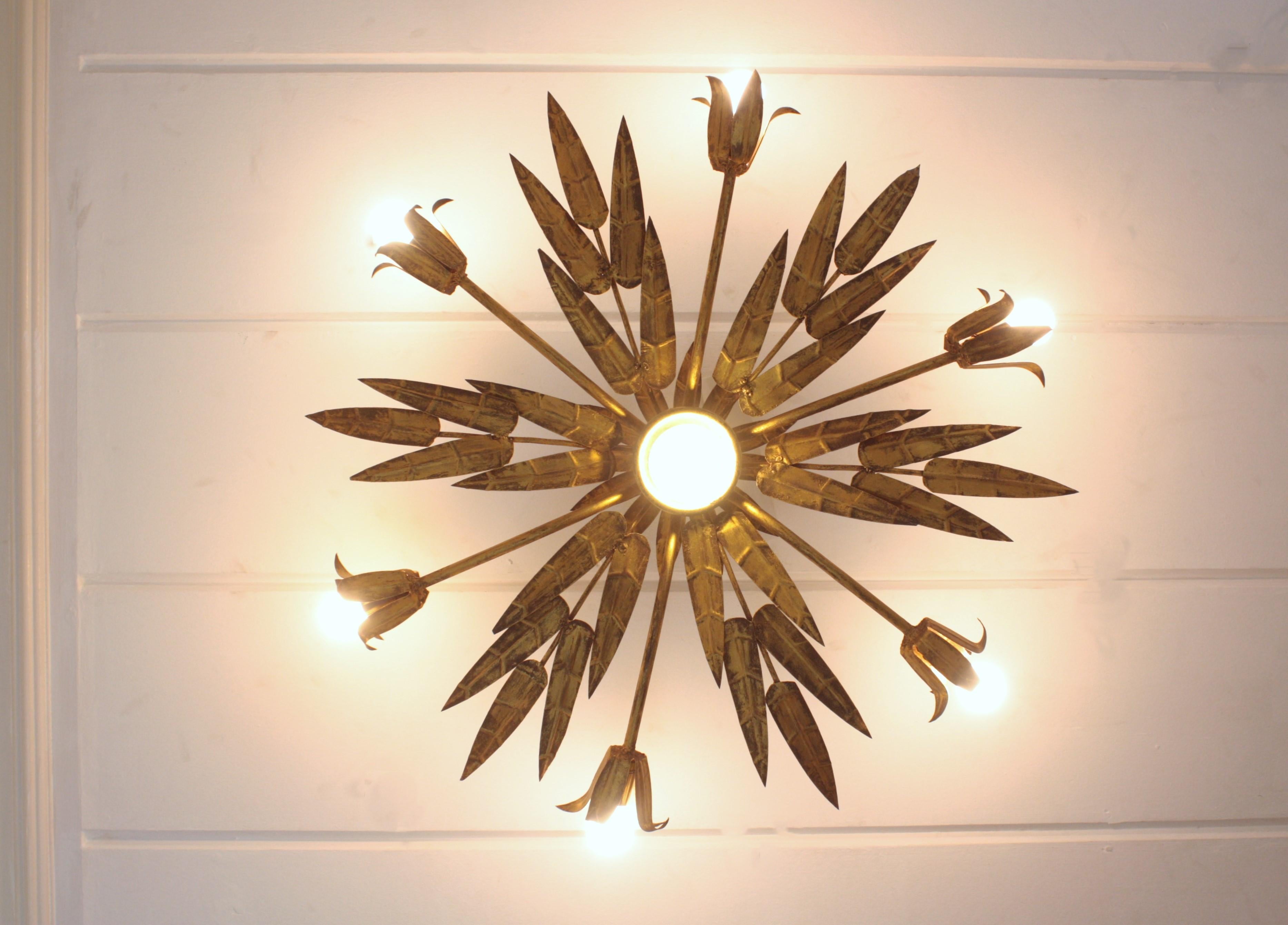 Mid-Century Modern XL Foliage Floral Starburst Chandelier / Light Fixture in Gilt Iron, Spain 1950s For Sale