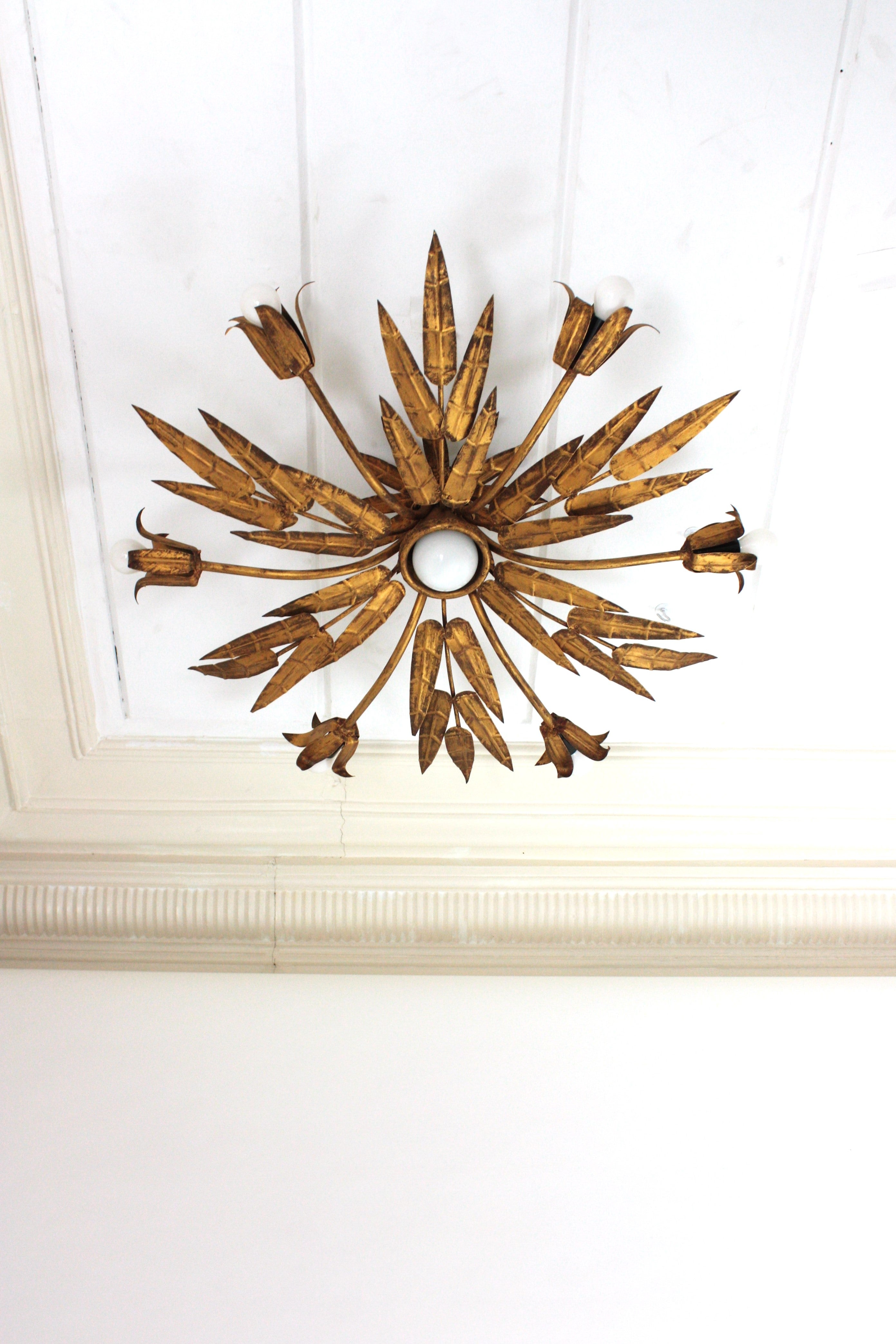 Spanish XL Foliage Floral Starburst Chandelier / Light Fixture in Gilt Iron, Spain 1950s For Sale