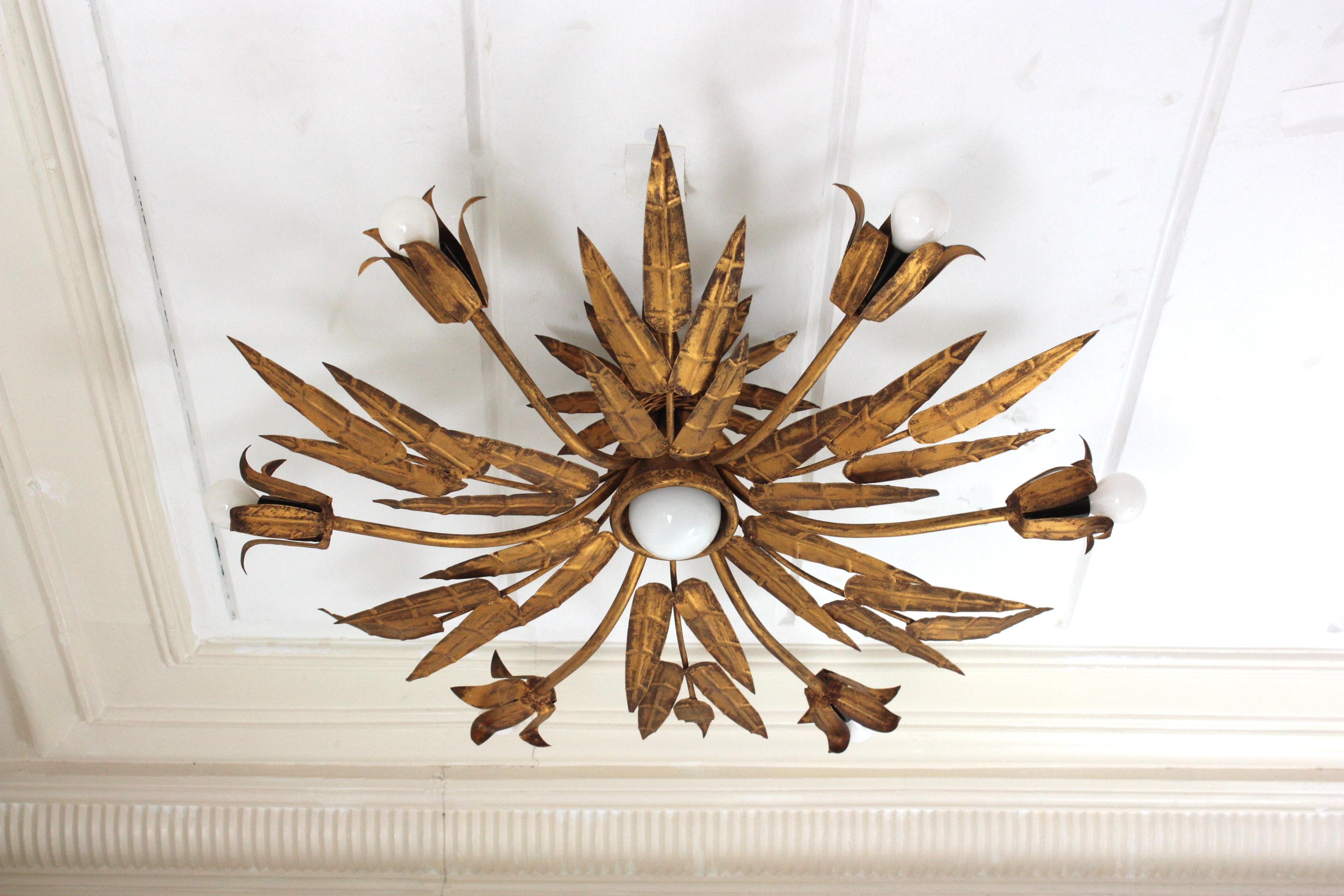 20th Century XL Foliage Floral Starburst Chandelier / Light Fixture in Gilt Iron, Spain 1950s For Sale