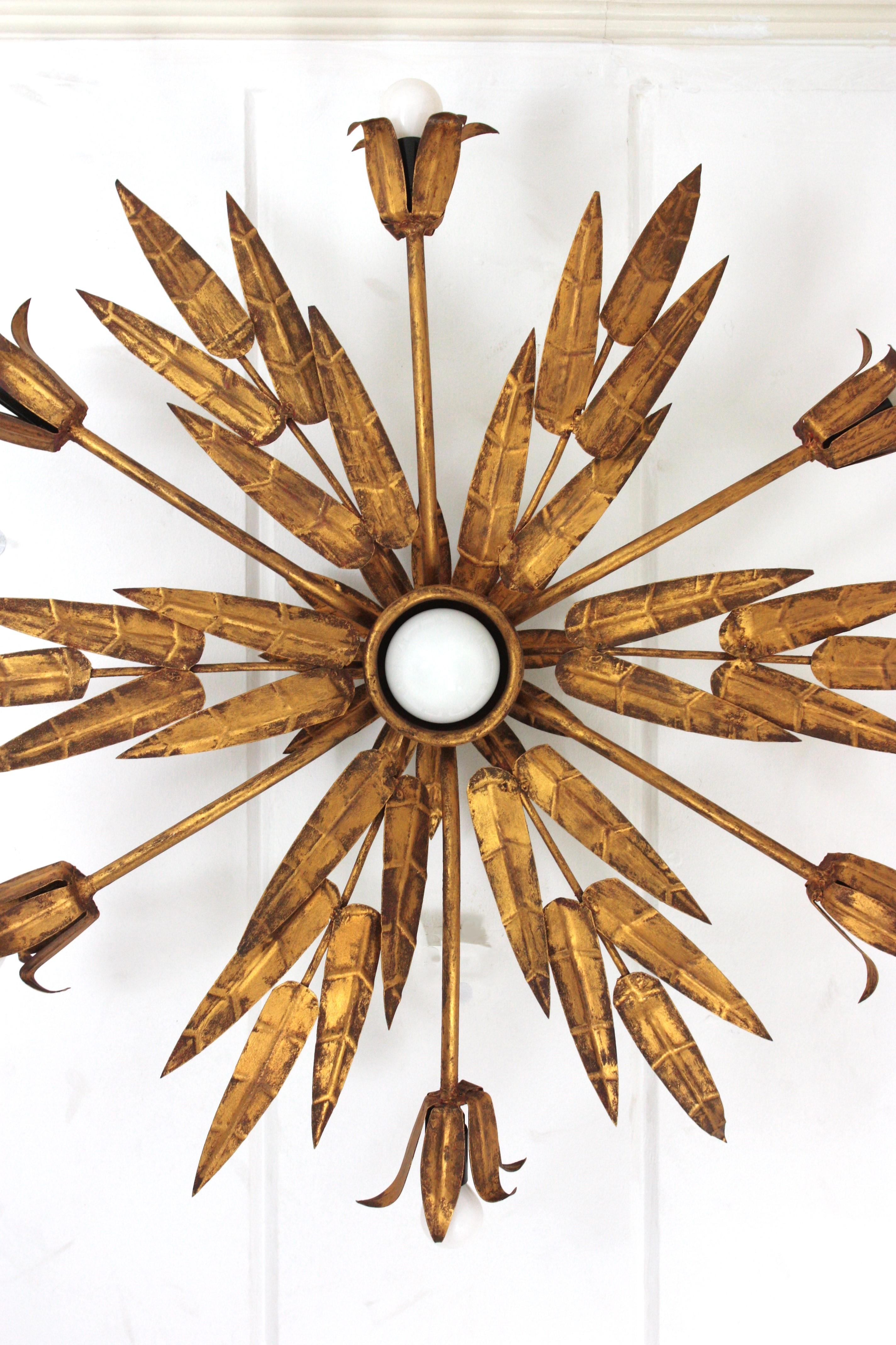Metal XL Foliage Floral Starburst Chandelier / Light Fixture in Gilt Iron, Spain 1950s For Sale