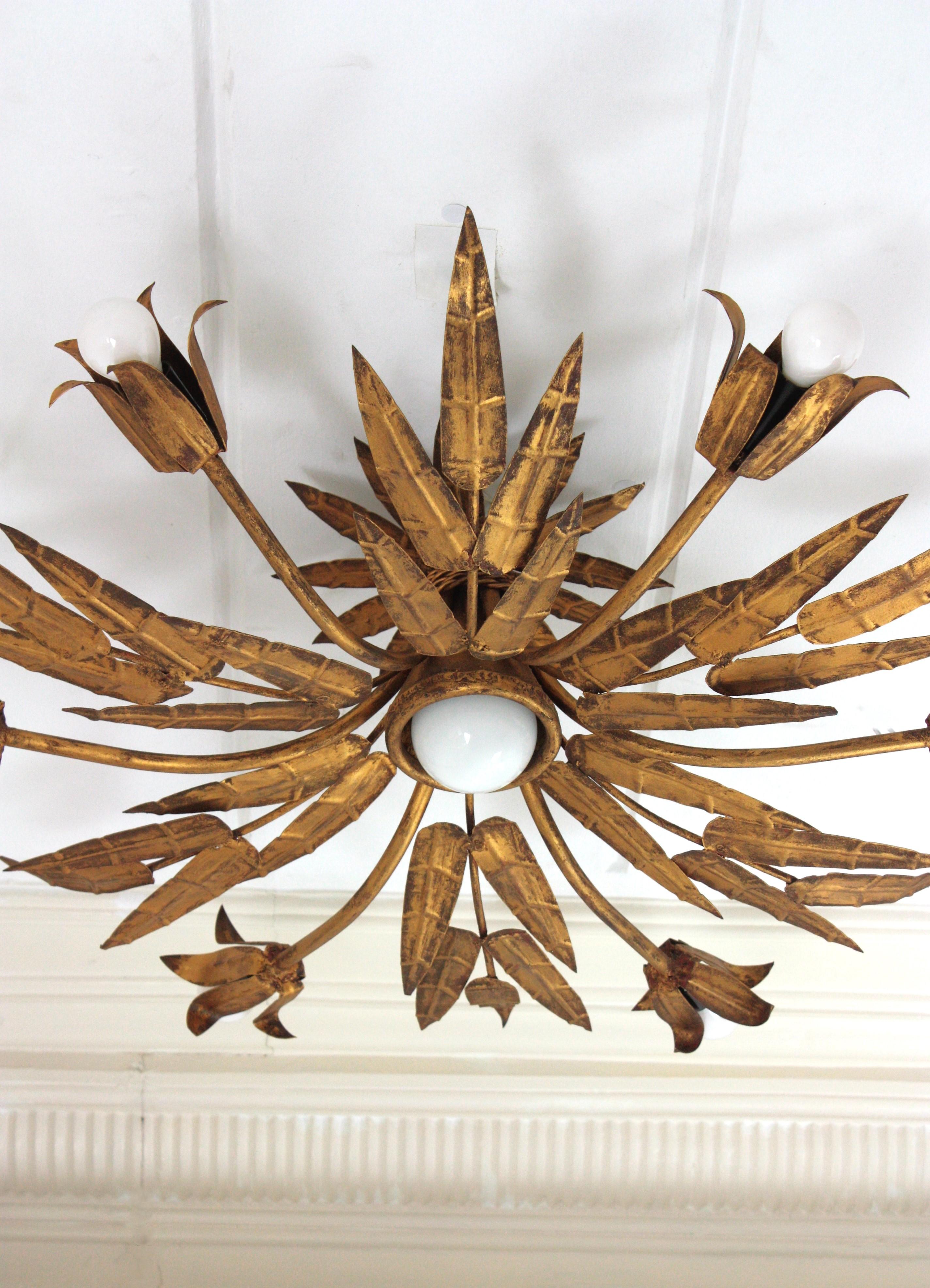 XL Foliage Floral Starburst Chandelier / Light Fixture in Gilt Iron, Spain 1950s For Sale 1