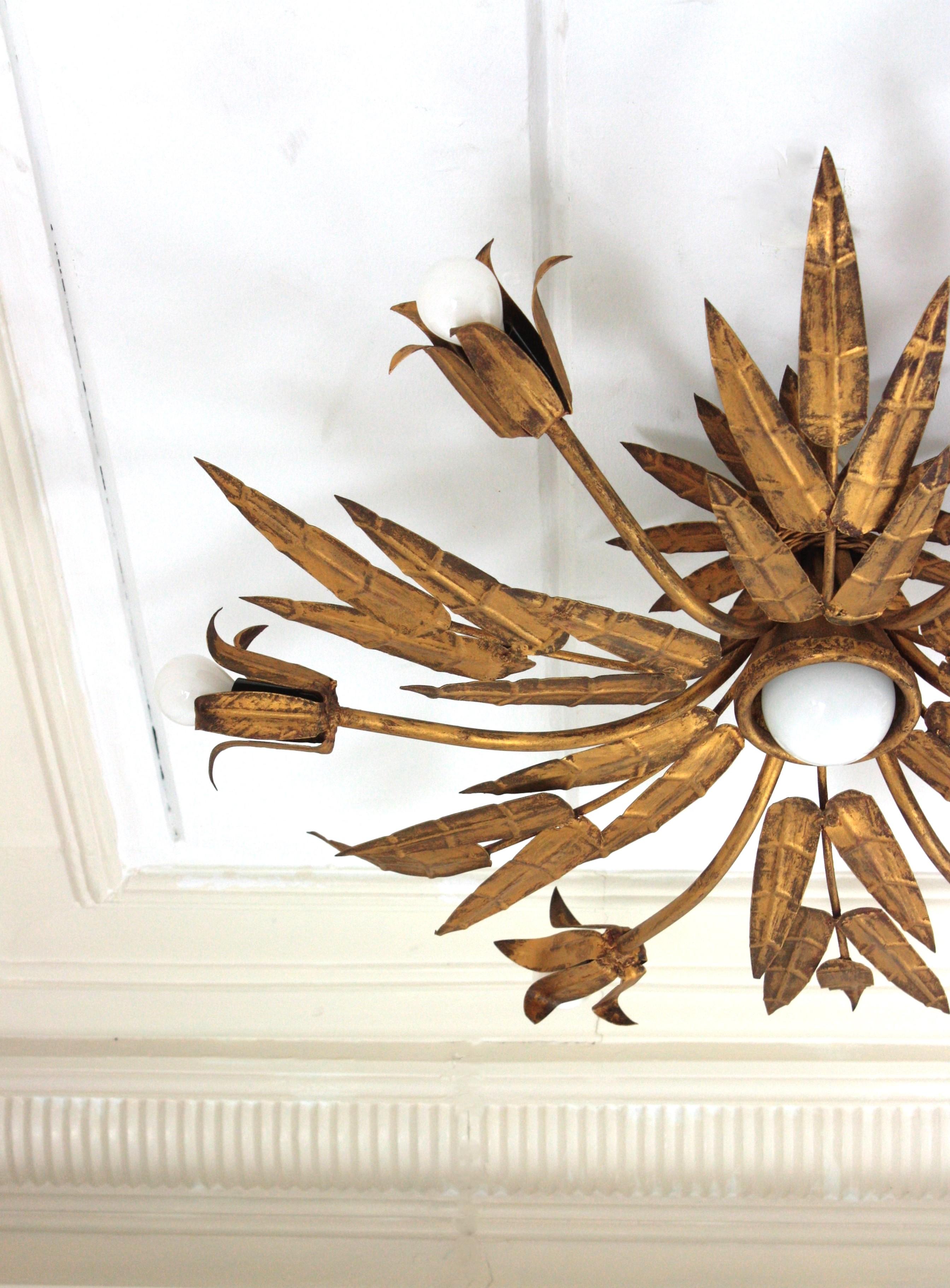 XL Foliage Floral Starburst Chandelier / Light Fixture in Gilt Iron, Spain 1950s For Sale 2