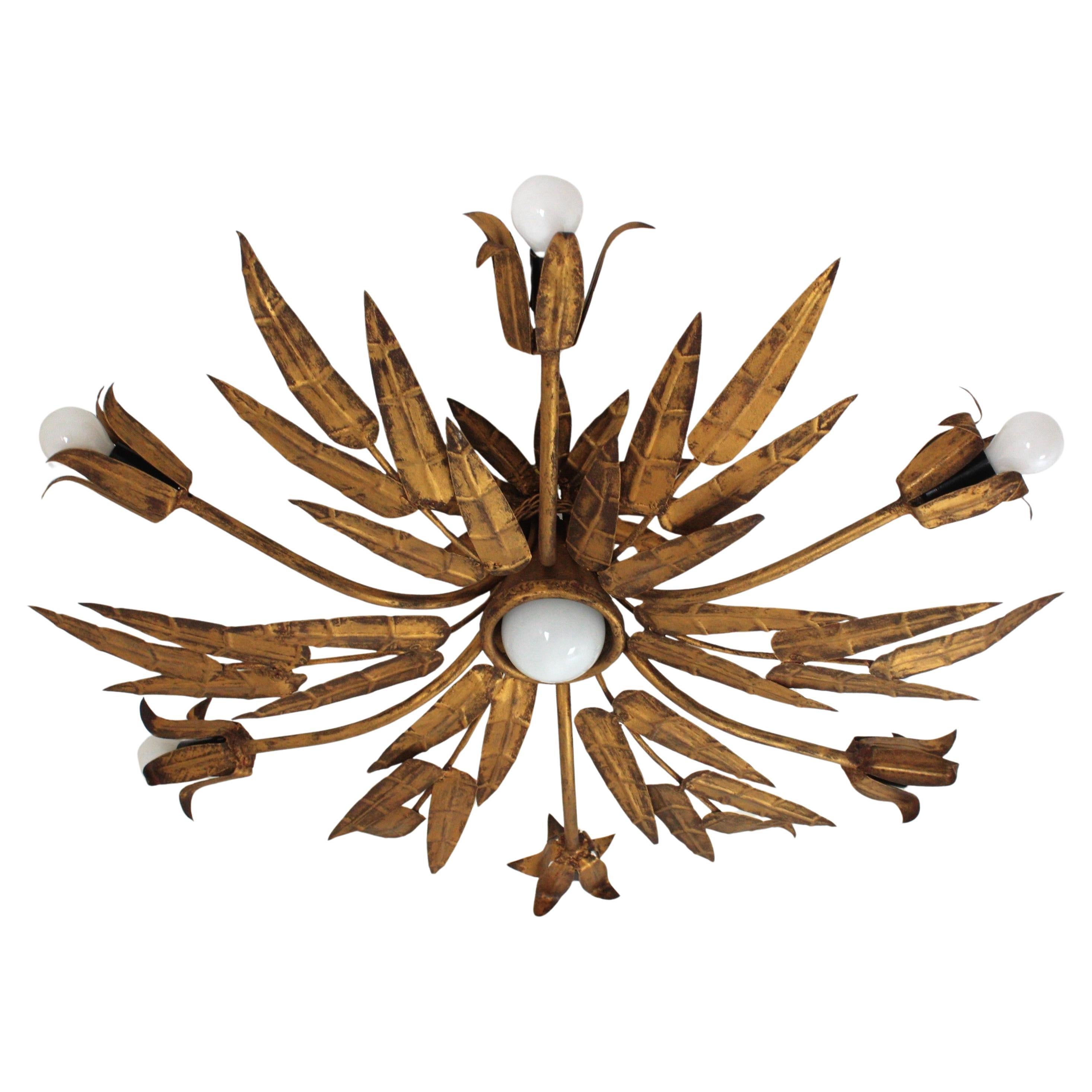 XL Foliage Floral Starburst Chandelier / Light Fixture in Gilt Iron, Spain 1950s For Sale