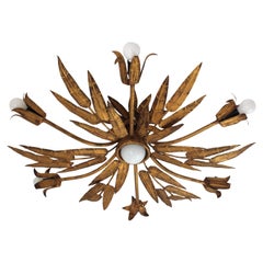XL Foliage Floral Starburst Chandelier / Light Fixture in Gilt Iron, Spain 1950s XL Foliage Floral Starburst Chandelier / Light Fixture in Gilt Iron, Spain 1950s