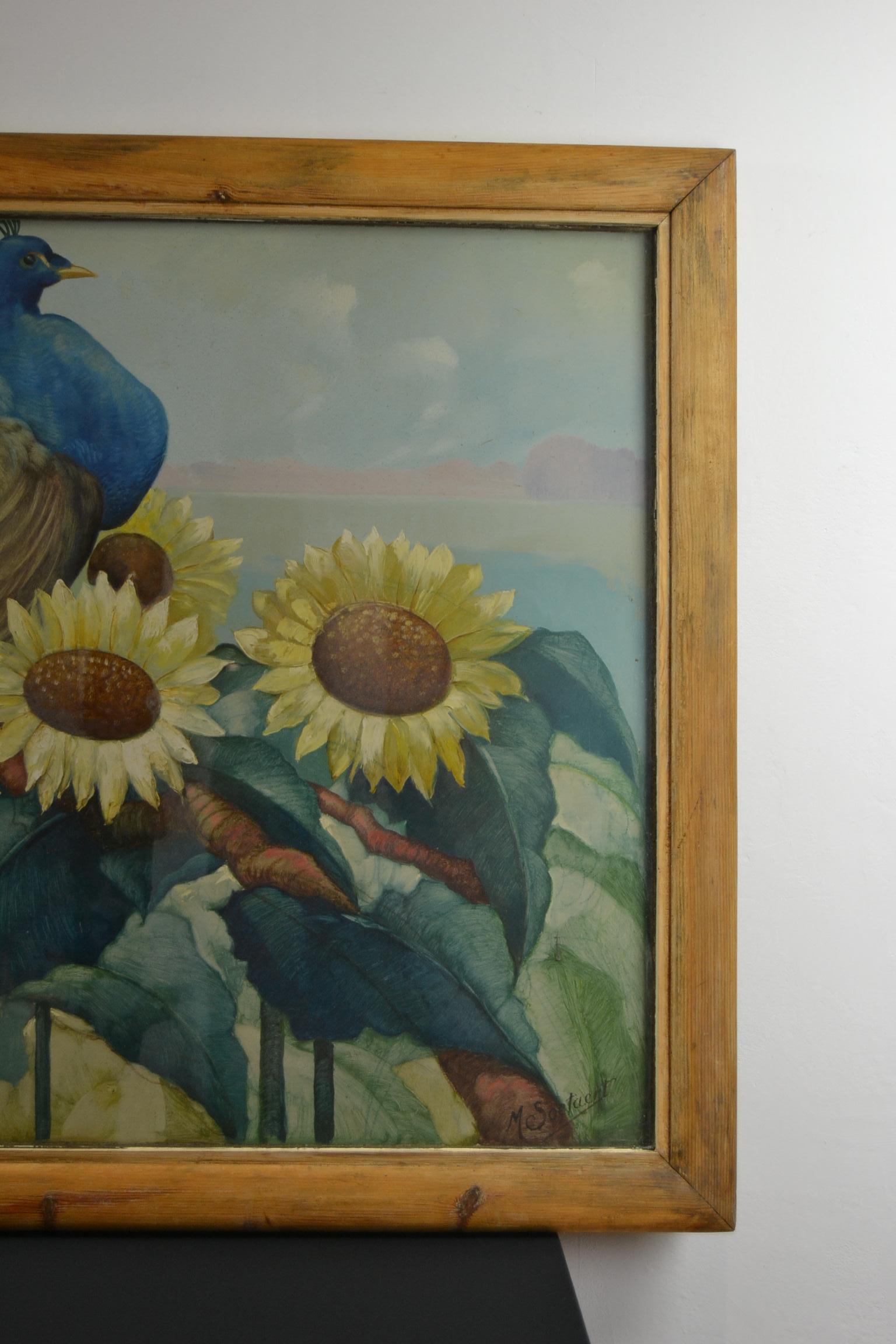 Peinture XL encadrée Paon et Tournesols de M.Soetaert en vente 3