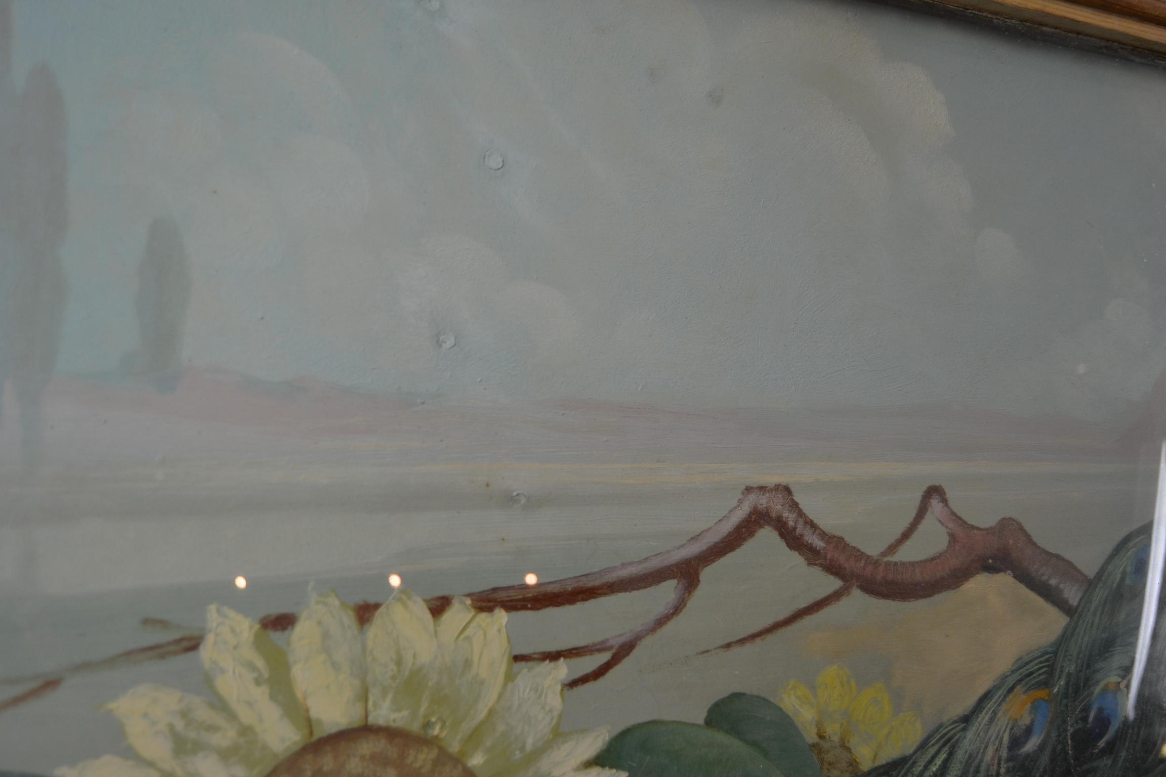 XL Gerahmtes Gemälde mit Pfau und Sonnenblumen von M.Soetaert, gerahmt im Angebot 5