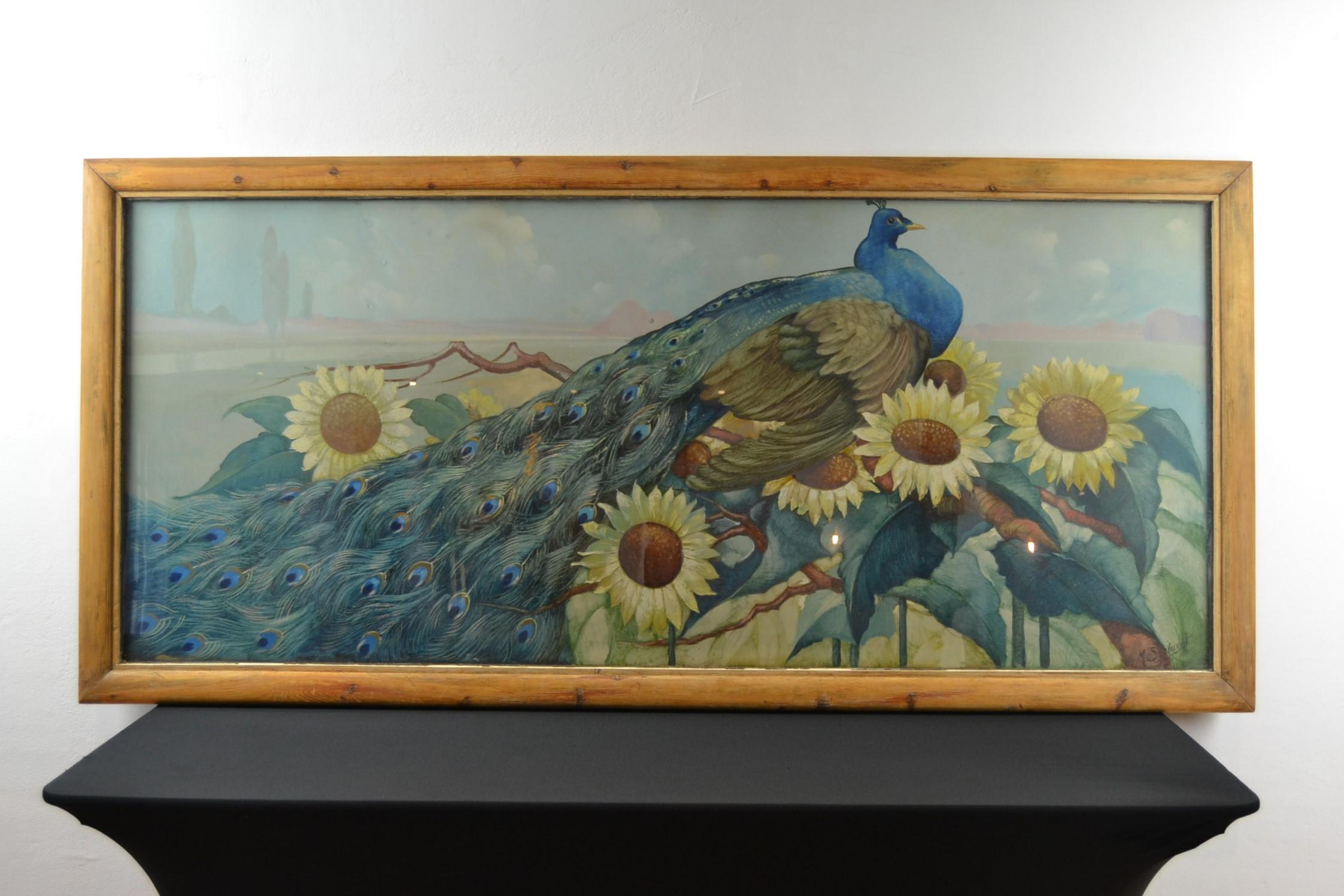 XL Gerahmtes Gemälde mit Pfau und Sonnenblumen von M.Soetaert, gerahmt (Art nouveau) im Angebot