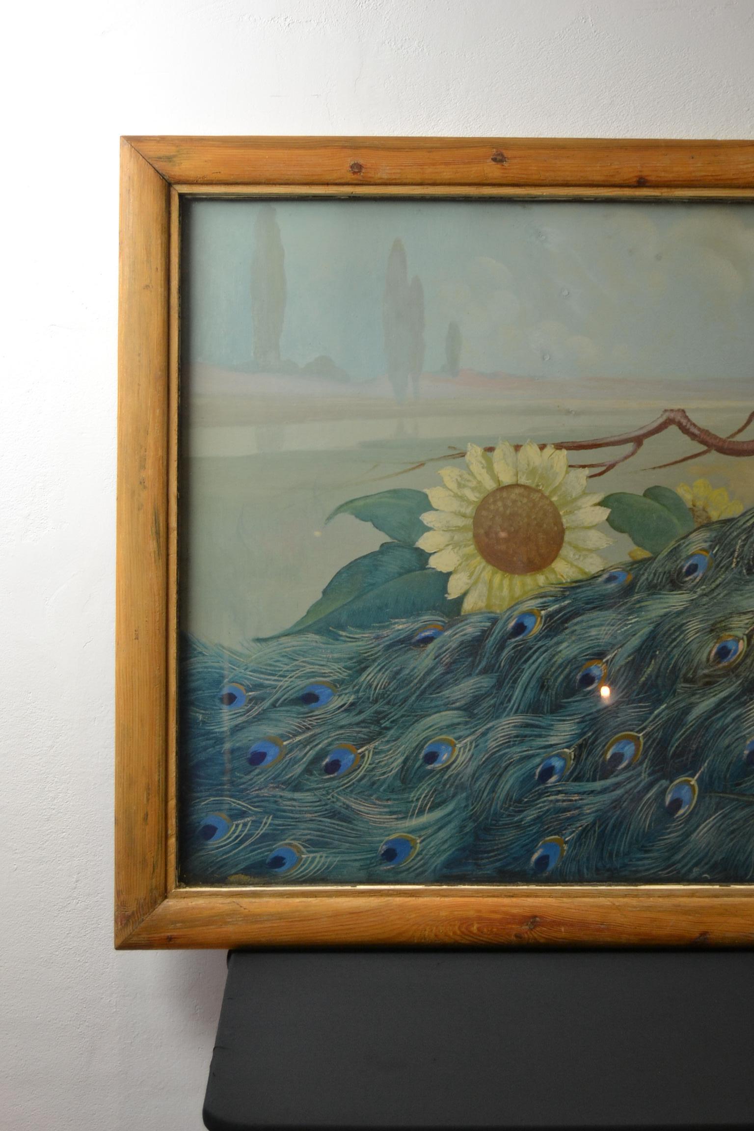 XL Gerahmtes Gemälde mit Pfau und Sonnenblumen von M.Soetaert, gerahmt (Europäisch) im Angebot