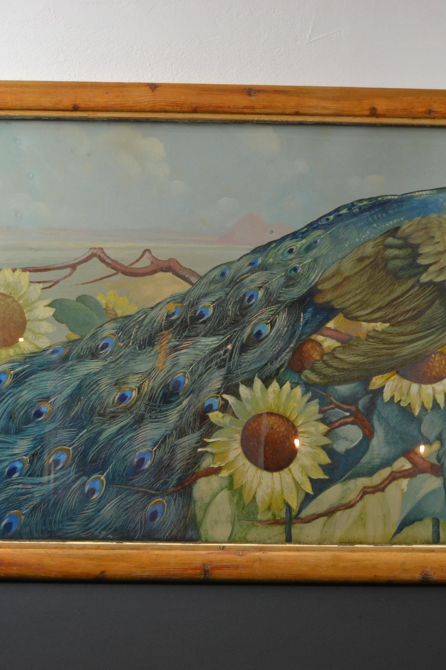 XL Gerahmtes Gemälde mit Pfau und Sonnenblumen von M.Soetaert, gerahmt im Zustand „Gut“ im Angebot in Antwerp, BE