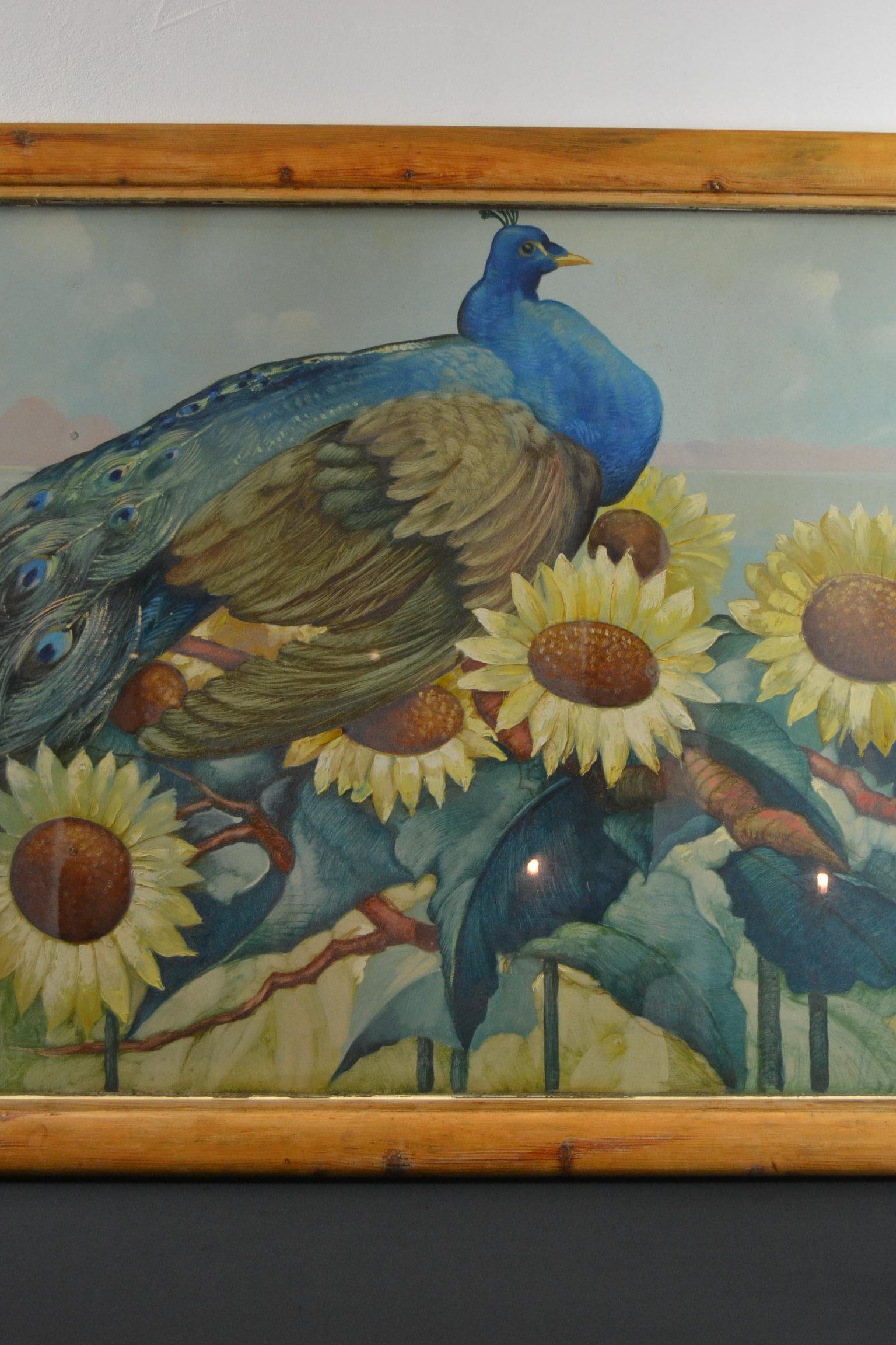 20th Century XL Framed Painting Peacock and Sunflowers by M.Soetaert For Sale