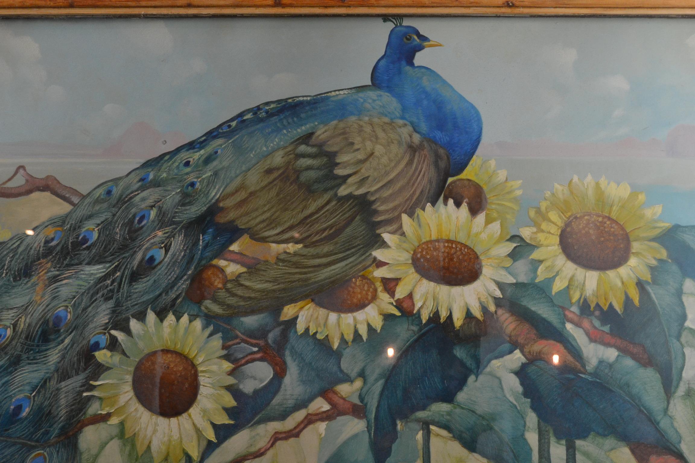 XL Gerahmtes Gemälde mit Pfau und Sonnenblumen von M.Soetaert, gerahmt (Glas) im Angebot