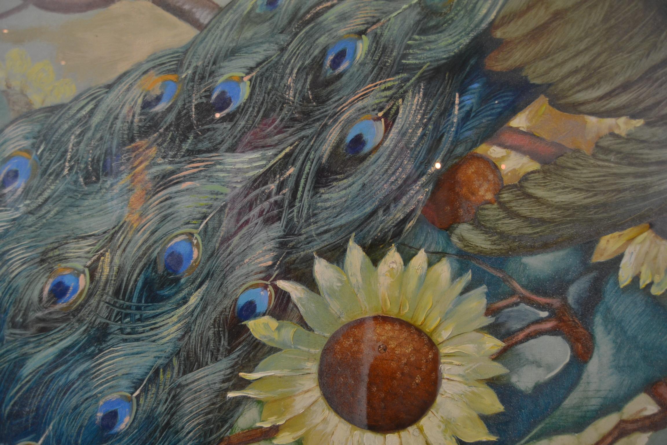 XL Gerahmtes Gemälde mit Pfau und Sonnenblumen von M.Soetaert, gerahmt im Angebot 1