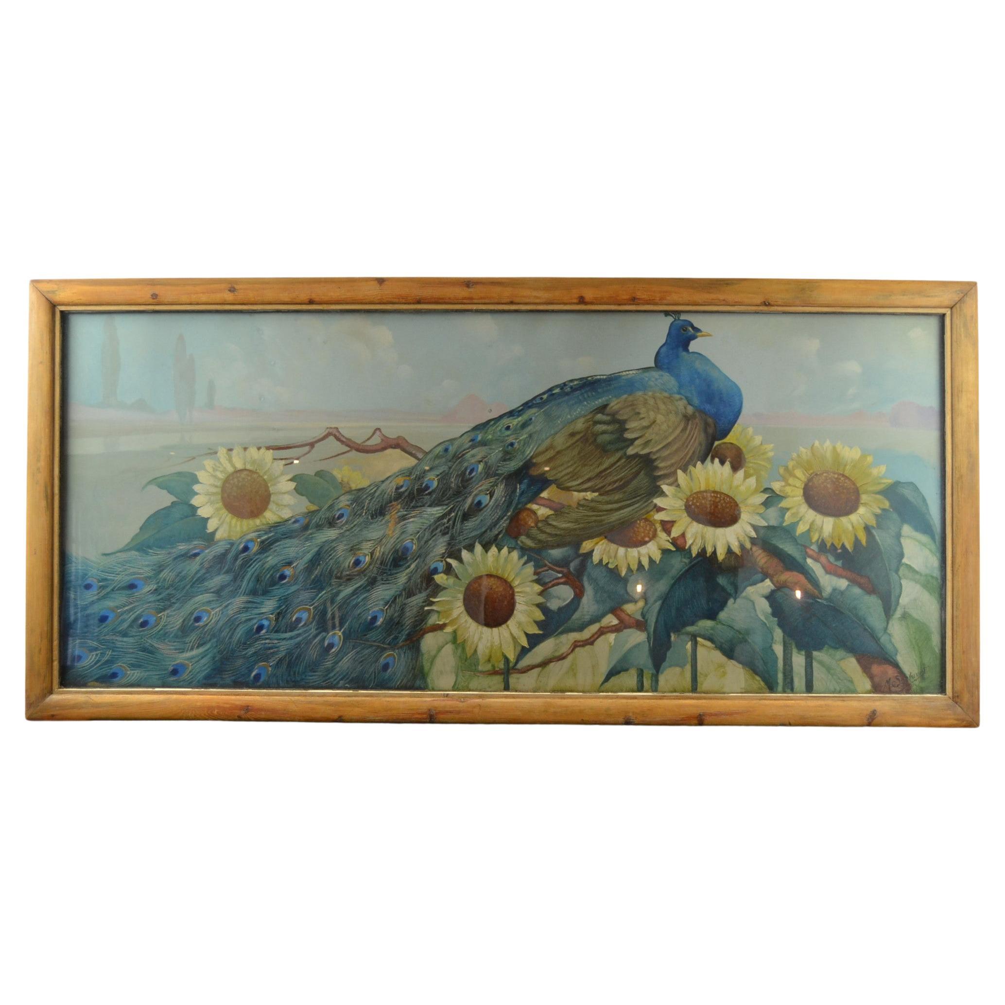 XL Framed Painting Peacock and Sunflowers by M.Soetaert