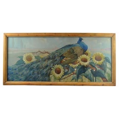 XL Framed Painting with Peacock and Sunflowers by M.Soetaert