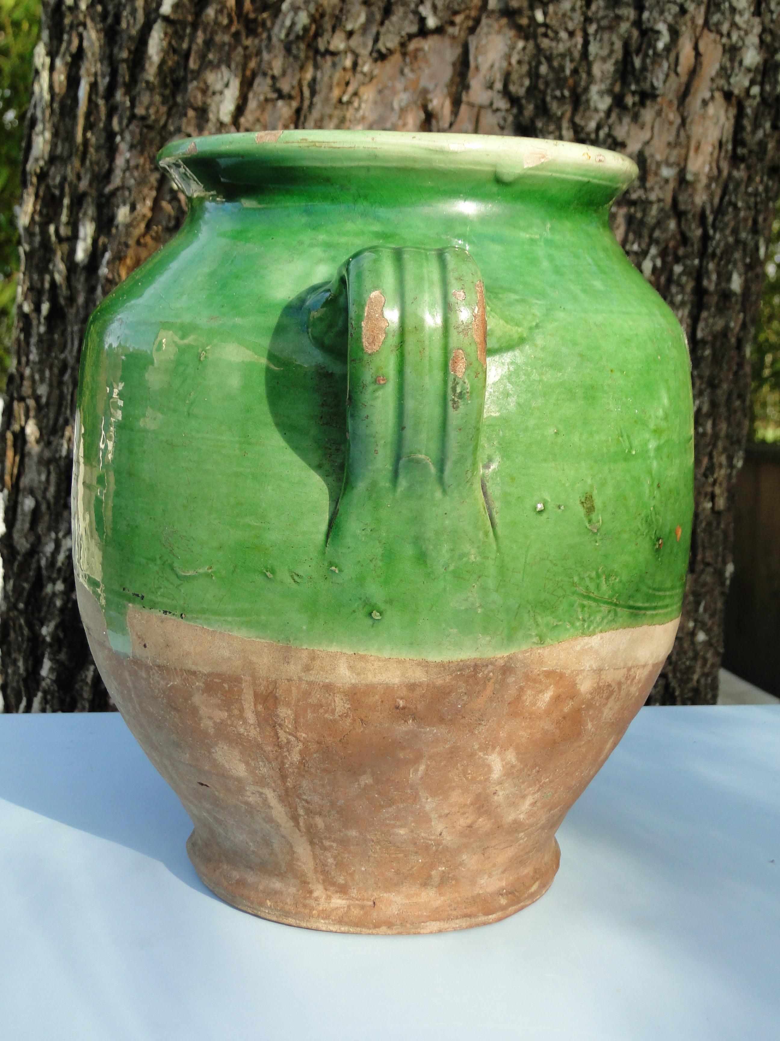 Campagne XL French Antique Confit Green Redware Faience Yellowware Art Pottery Poterie France en vente