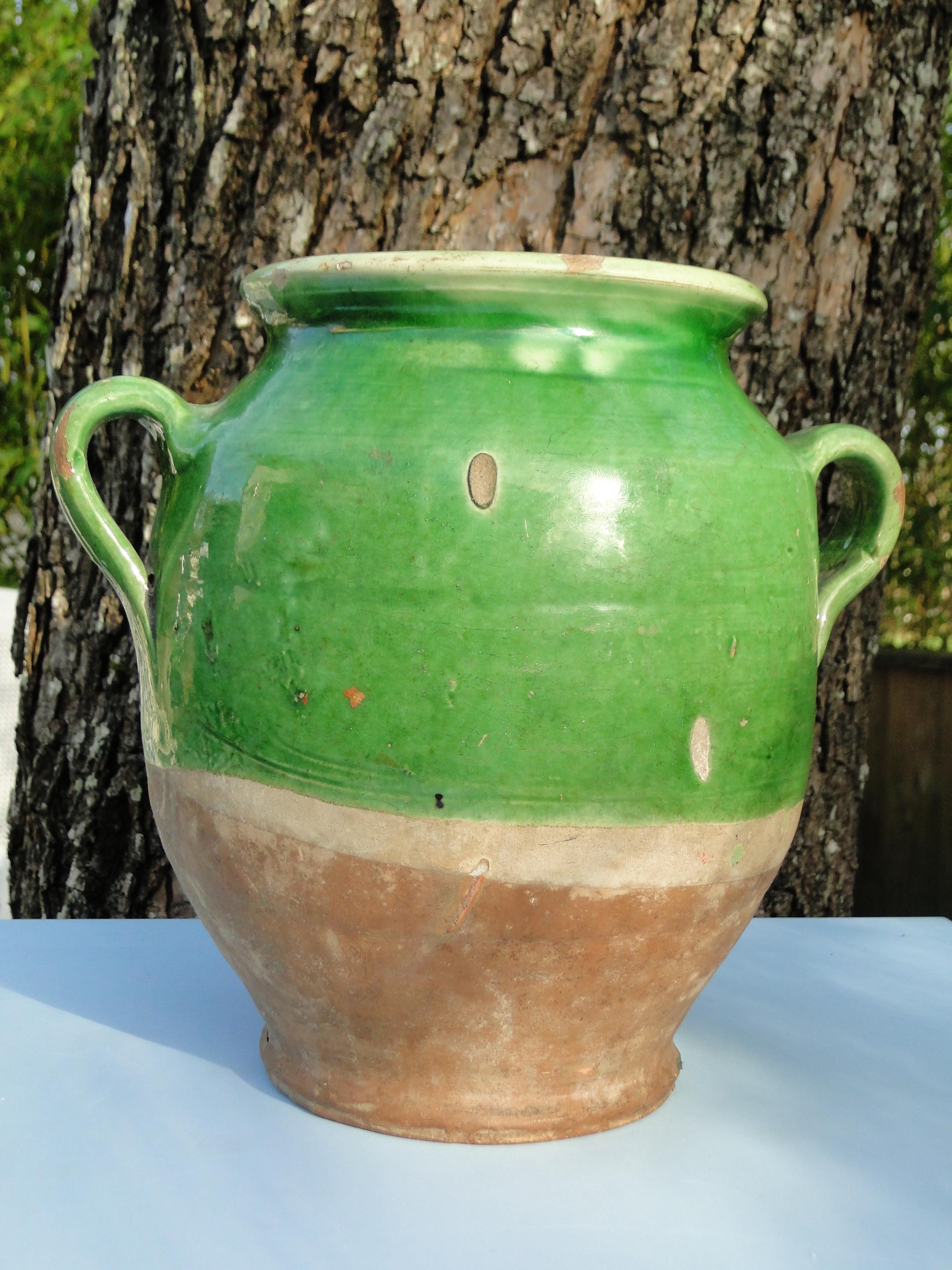 Glazed XL French Antique Confit Green Redware Faience Yellowware Art Pottery Pot France For Sale