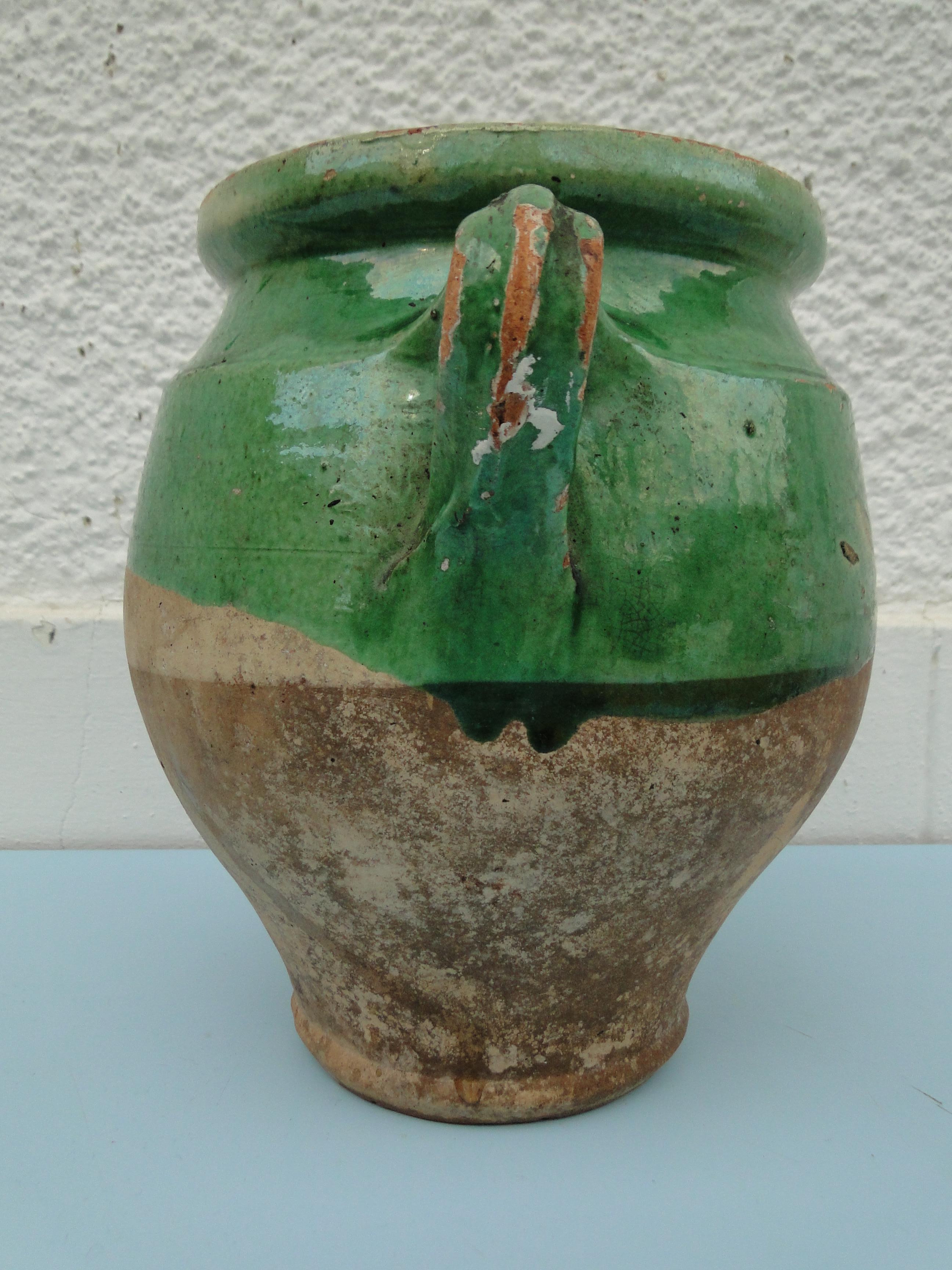 Glazed XL French Antique Confit Green Redware Faience Yellowware Art Pottery Pot France