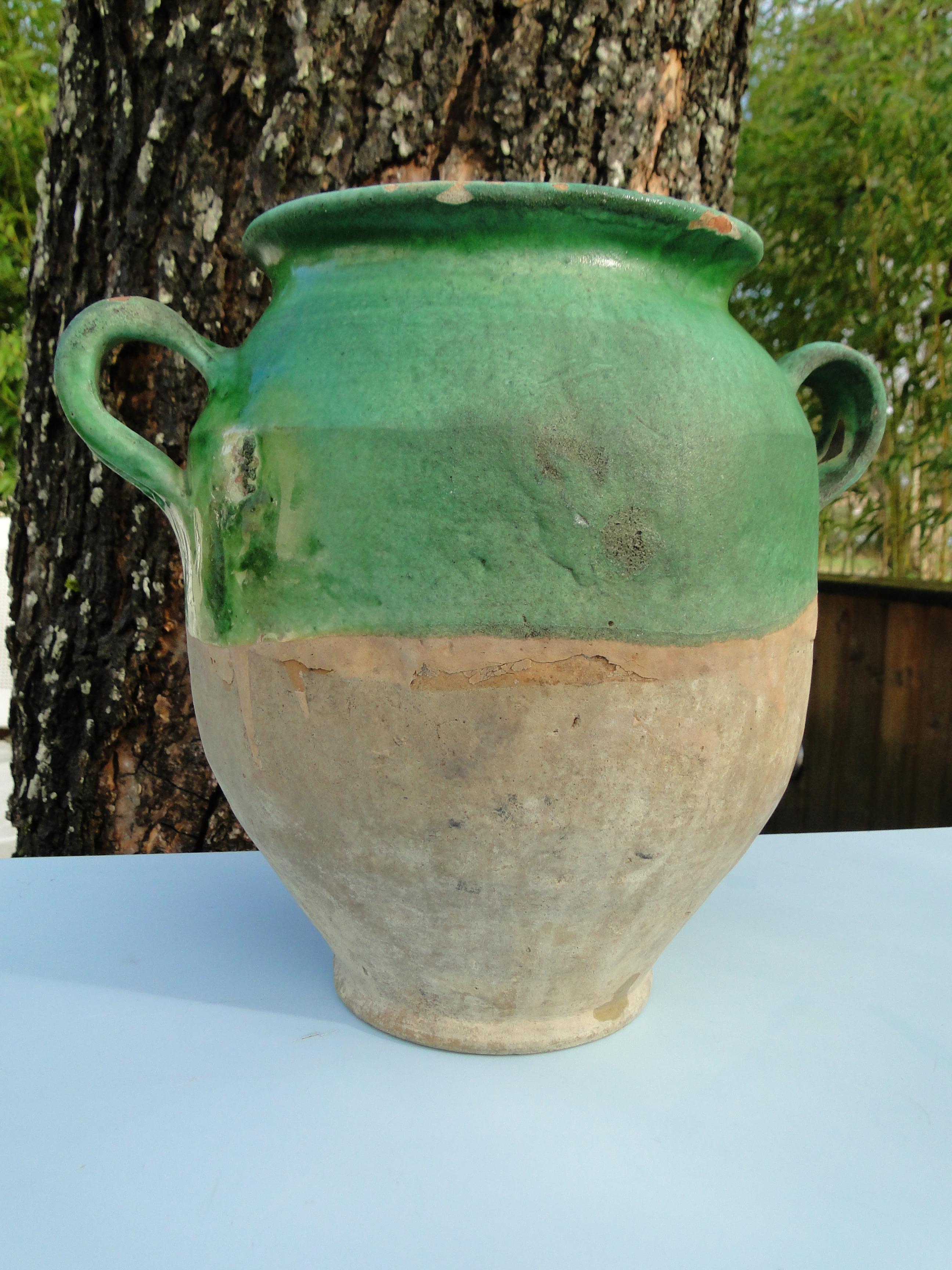 Glazed XL French Antique Confit Pot Green Redware Faience Yellowware Art Pottery France For Sale