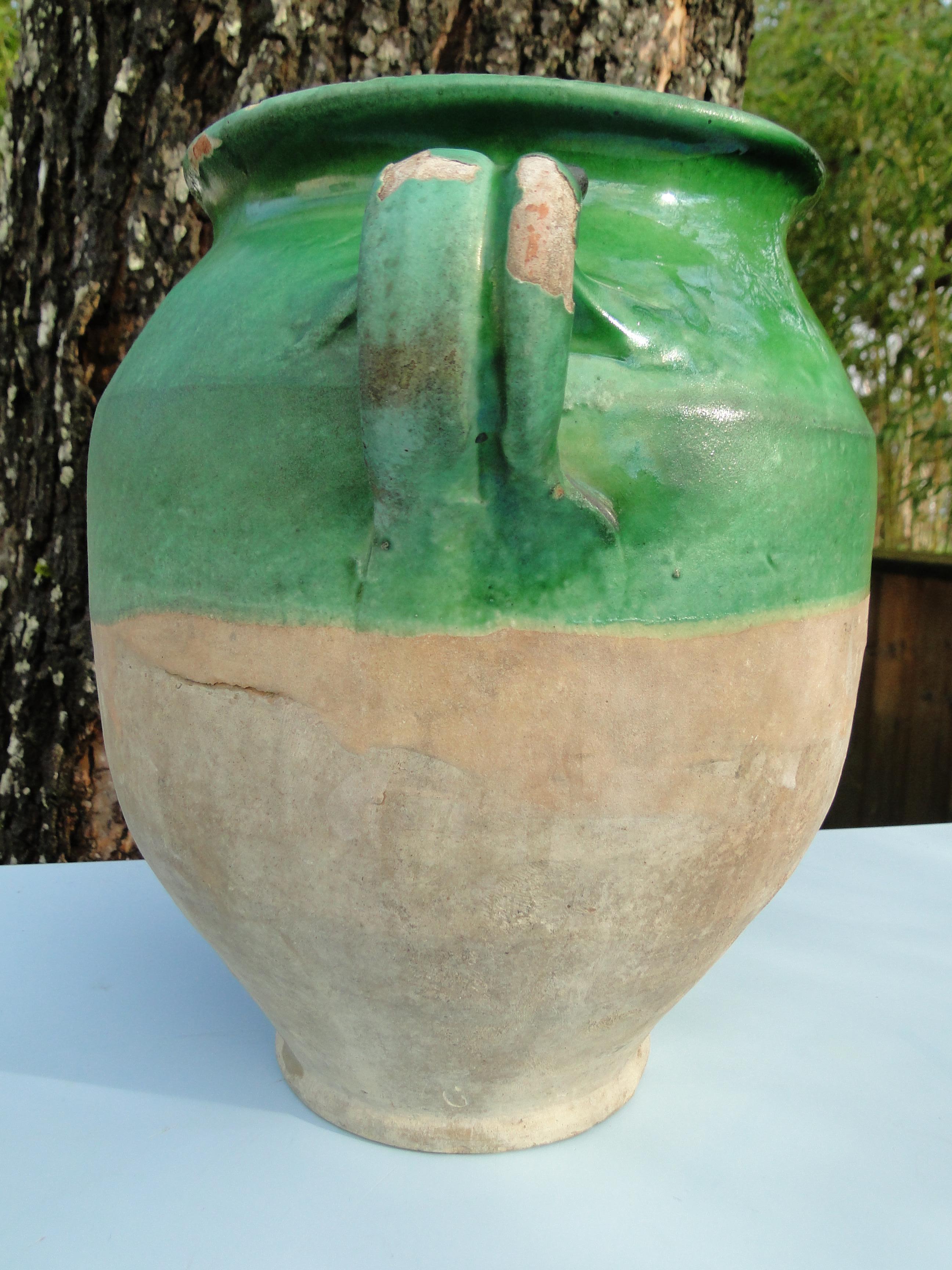 XL French Antique Confit Pot Green Redware Faience Yellowware Art Pottery France In Good Condition For Sale In Lège Cap Ferret, FR