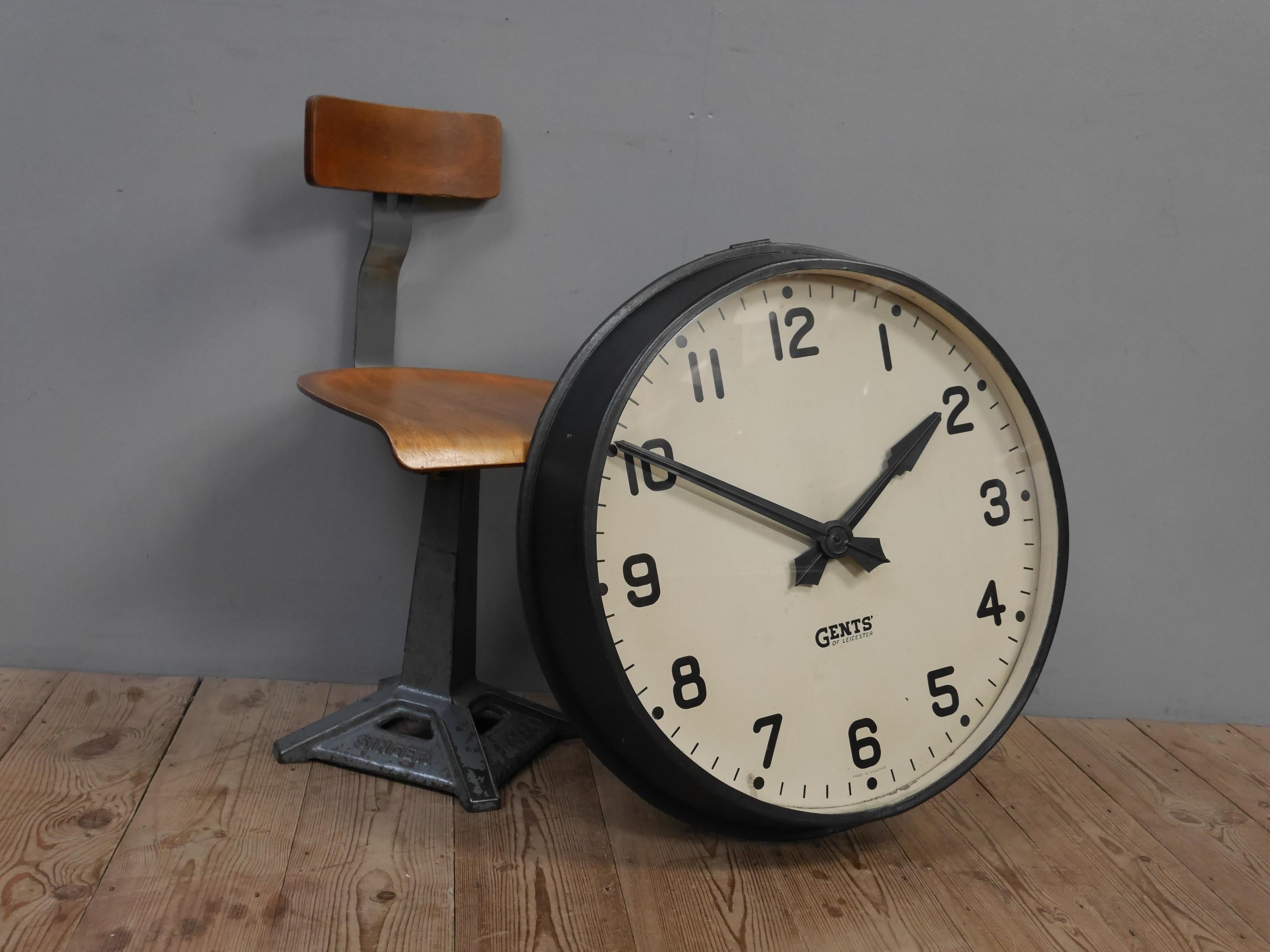 An extra large industrial factory clock by Gents Of Leicester.
A fantastic & increasingly hard to come by model by this iconic clock maker, Gents of Leicester. 
With a crisp clear face retaining it's original, unmistakable hands & Gents branding